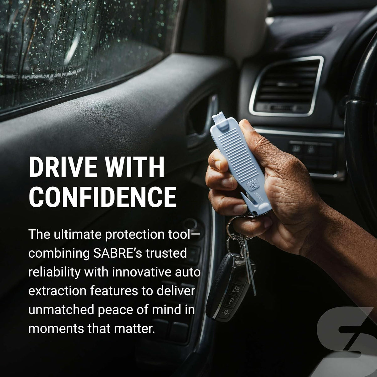 Sabre Safe Escape™ 3-in-1 Car Escape Tool for Car Safety with Spring-Loaded Window Breaker, No Swing Required, Seat Belt Cutter, LED Flashlight, Compact Auto Safety Tool for Emergencies