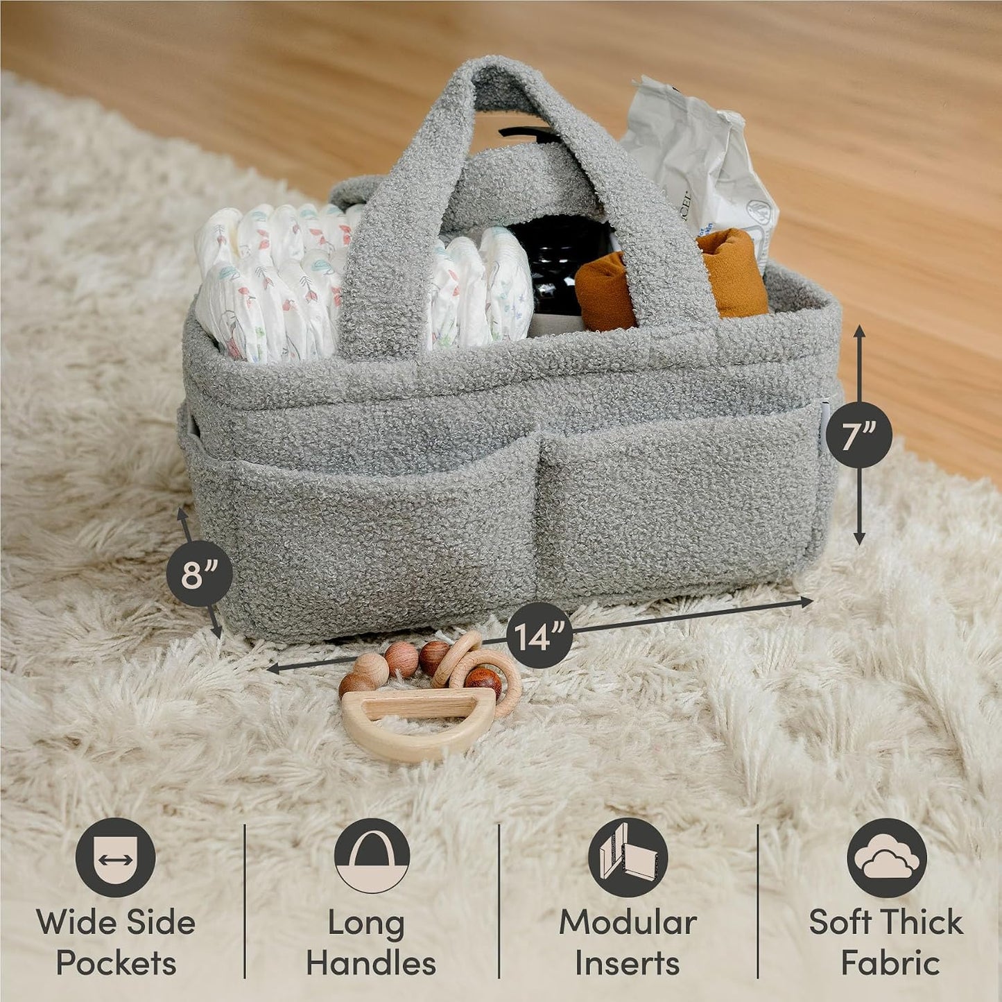 PUTSKA Baby Diaper Caddy Organizer for Changing Table – Stylish Nursery Storage Basket, Newborn Essentials, Baby Shower Gifts and Registry Must-Haves for Boy or Girl, Car Diaper Caddy, Fleece Grey