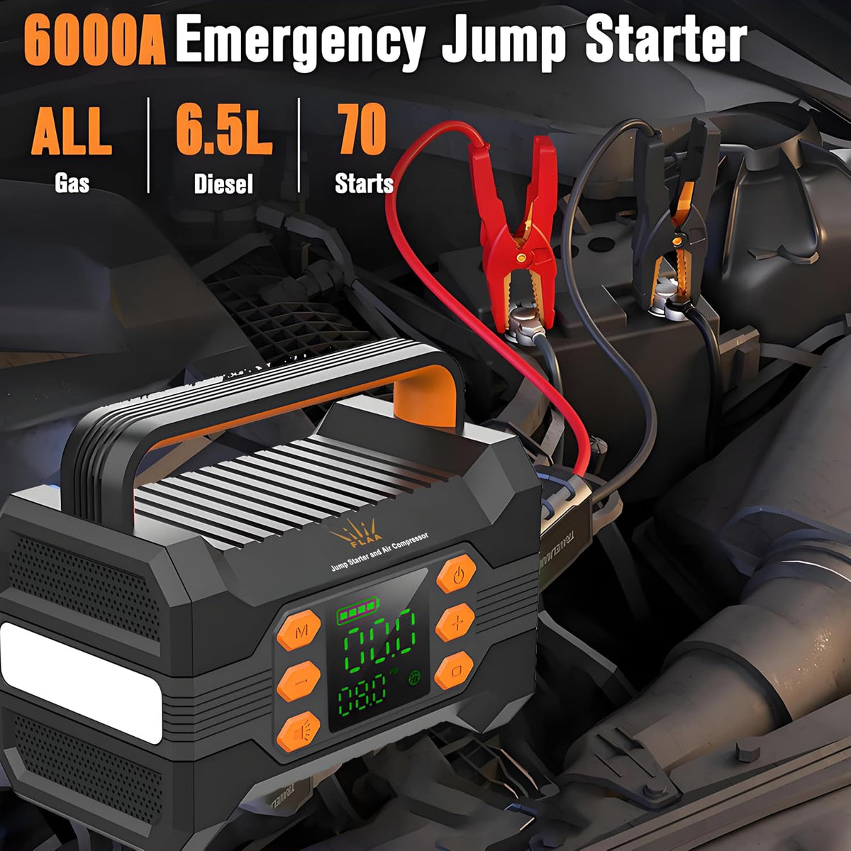 FLAA Jump Starter with Air Compressor 6000A, Portable Car Battery Booster, Jumper, 150PSI Tire Inflator, Power Pack, USB-C Quick Charge, for 12V Cars, Trucks, SUVs, 8.5L Gas/6.5L Diesel