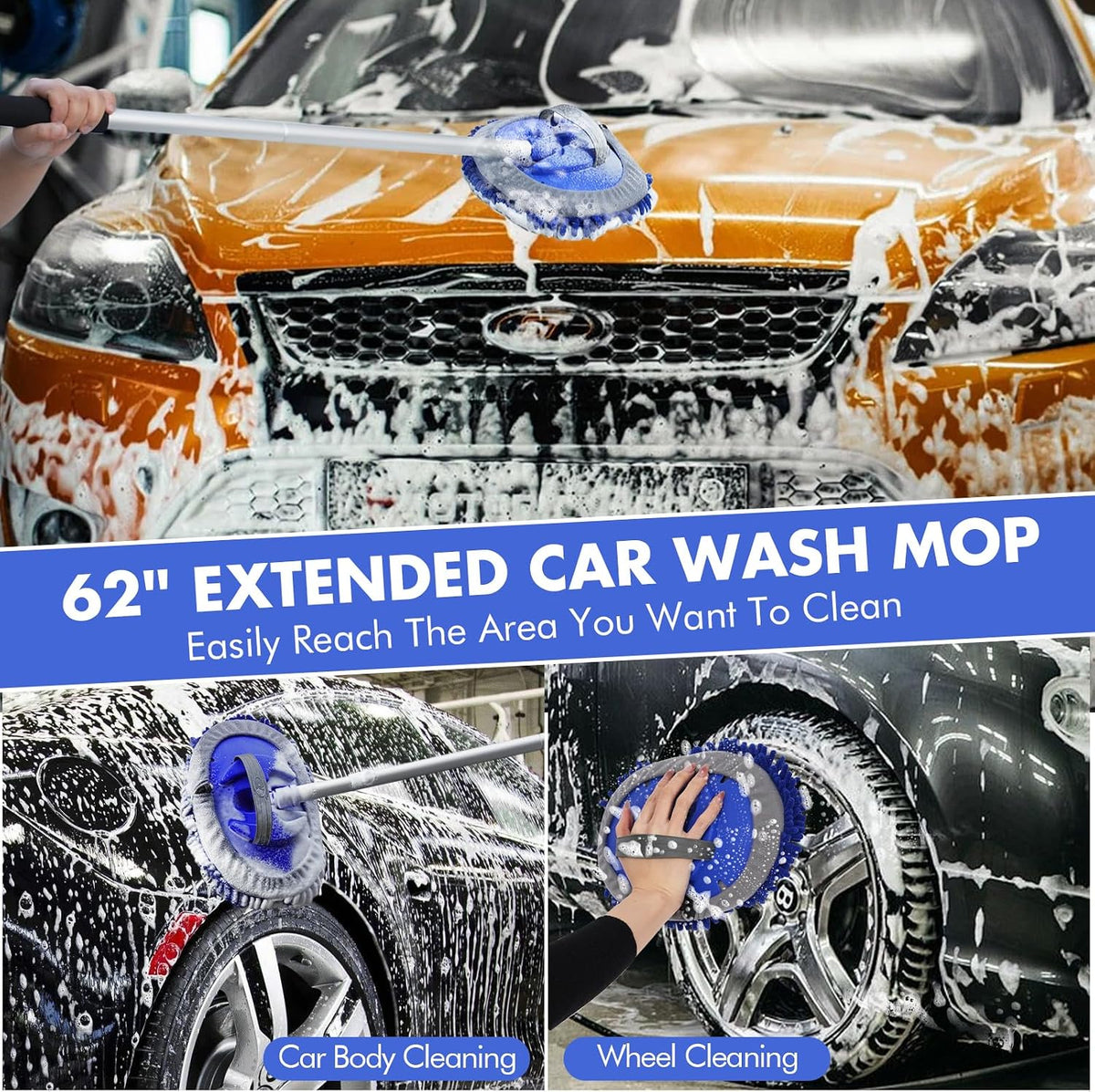 62'' Car Wash Brush with Long Handle, Scratch-Free Car Wash Mop Kit with Car Wash Bucket, Wheel Tire Brush, Wash Mitt Towel, Windshield Squeegee, Car Cleaning Brush Kit for Cars RV Truck Boat