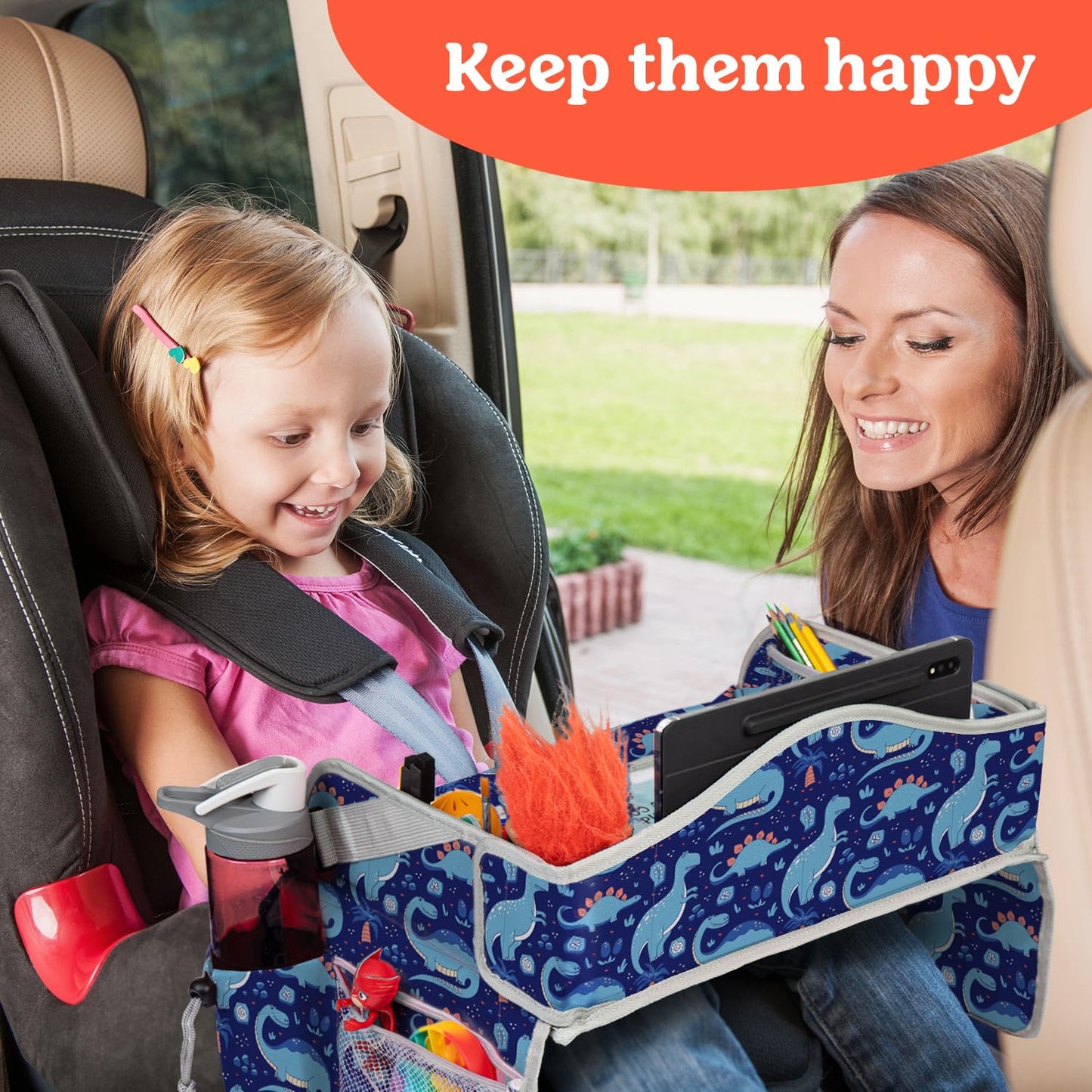 PILLANI Kids Travel Tray for Car - Toddler Essentials for Road Trip, Carseat Tray for Kids Travel, Car Activities for Kids Ages 4-8 w/ Activity Sheets & Pens, Tablet Holder, Dry Erase Board,Cup Holder