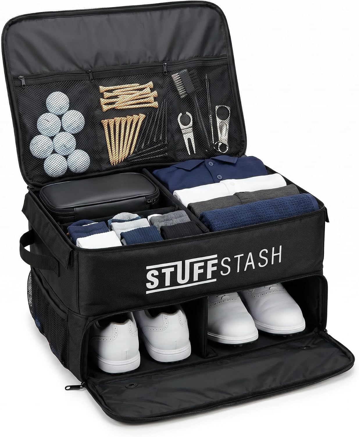 STUFFSTASH Golf Trunk Organizer for Car – Rigid, Won’t Collapse | Ventilated Shoe Compartment, Adjustable Dividers & Mesh Pockets | Golf Gift for Men & Women | Premium Car Trunk Storage Organizer