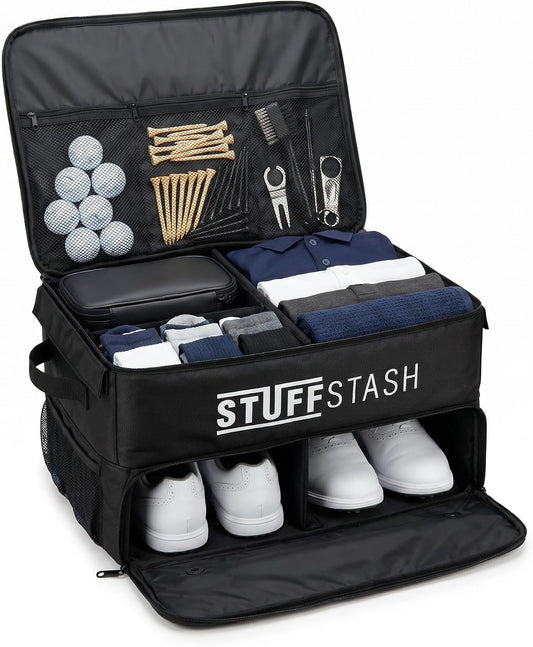 STUFFSTASH Golf Trunk Organizer for Car – Rigid, Won’t Collapse | Ventilated Shoe Compartment, Adjustable Dividers & Mesh Pockets | Golf Gift for Men & Women | Premium Car Trunk Storage Organizer