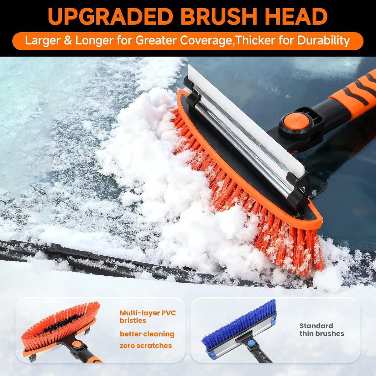 43" Ice Scraper for Car Windshield - 3-in-1 Extendable Snow Brush with 360° Pivot Head, Squeegee & Ergonomic Foam Grip for Christmas Car, SUV, Truck, Auto (Black/Orange)