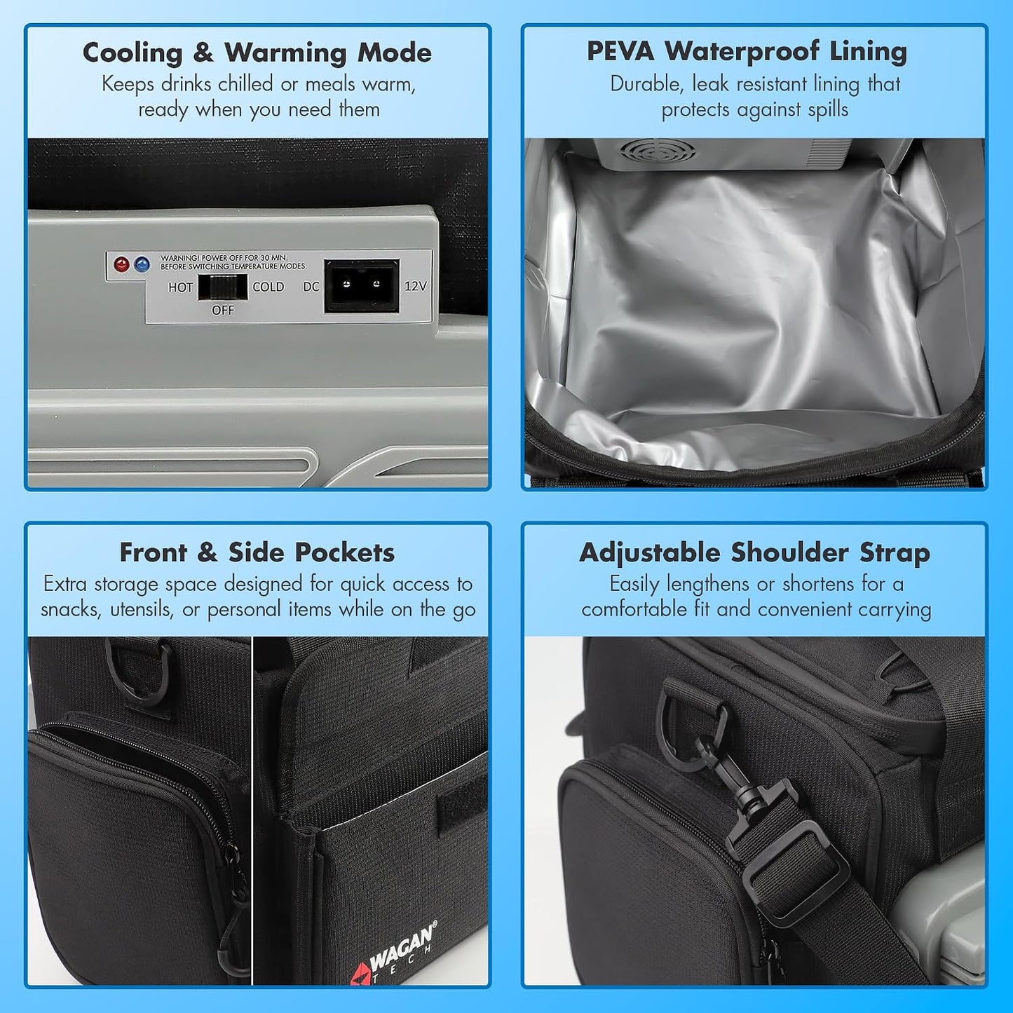 Wagan EL6234 14L Electric Cooler Warmer Bag 14 Liter Capacity Portable Thermoelectric Car Cooler with 12V DC, Soft-Sided Travel Cooler Warmer for Car, Truck, RV and Camping Use
