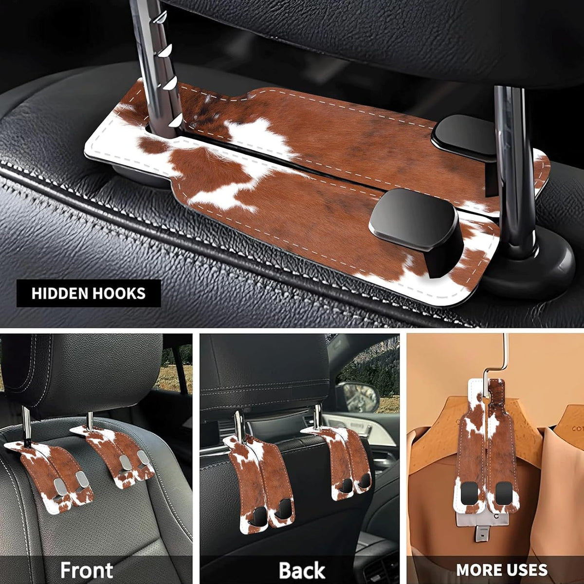 Car Seat Headrest Hook, Universal Leather Cute Hanger Holder Hook, Storage Organizer Interior Accessories for Purse Bags Handbag Brown White Cowhide