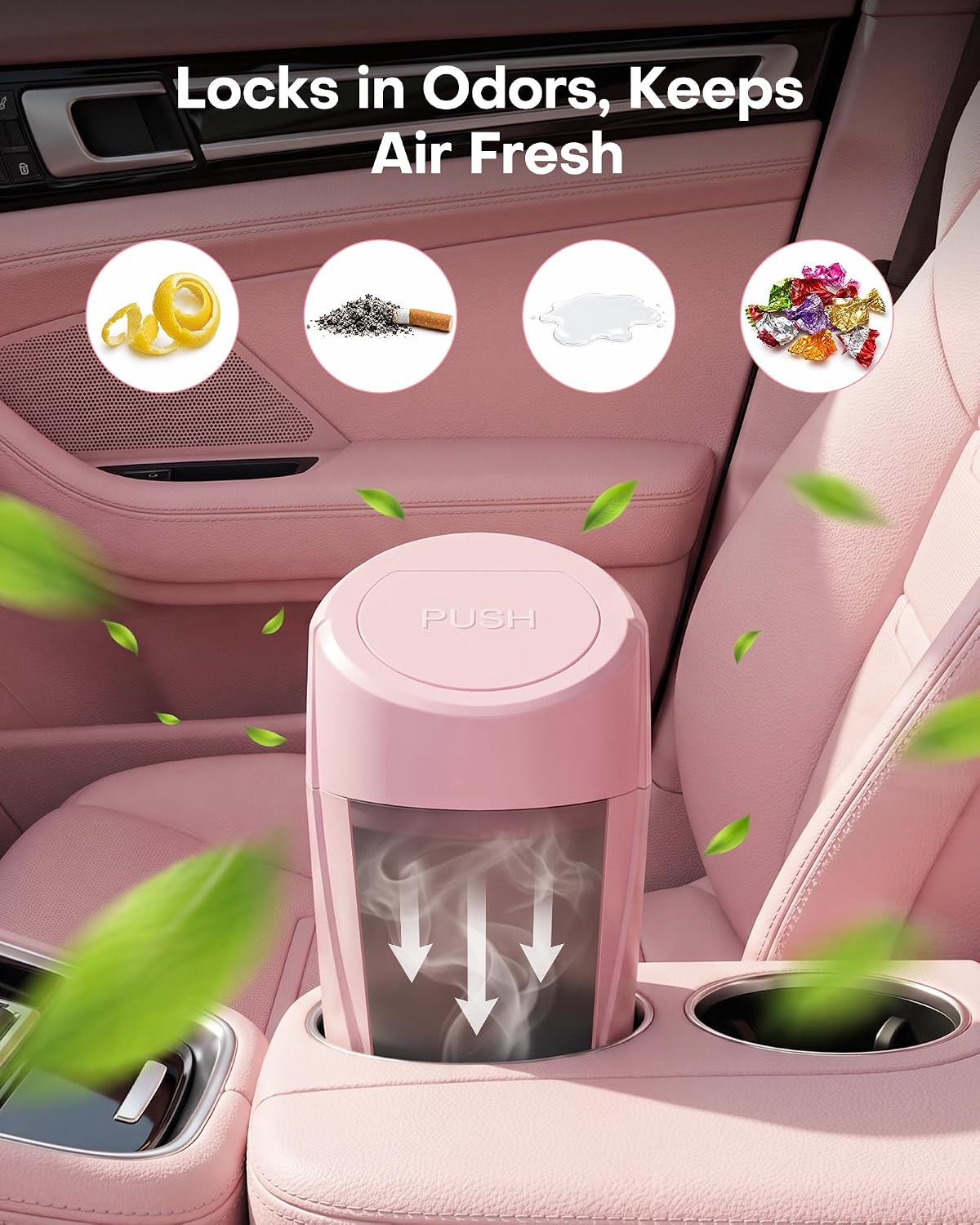 HOTOR Car Trash Can, Pink Car Garbage Can with Lid, Bonus Bags, L(2 Pack)