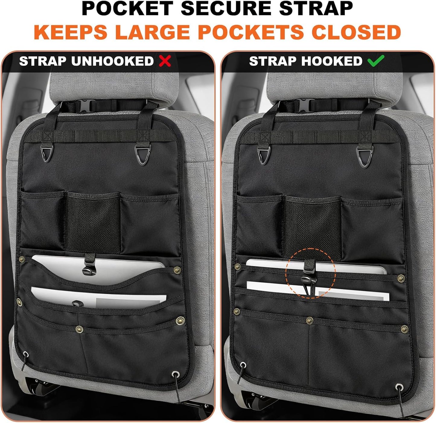 1 Pack Backseat Car Organizer, Heavy Duty Nylon Seat Back Organizer with 7 Storage Pockets, Anti-Swing Straps & Modular Webbing Panel for Cars, Work Trucks, SUVs, and Pickups