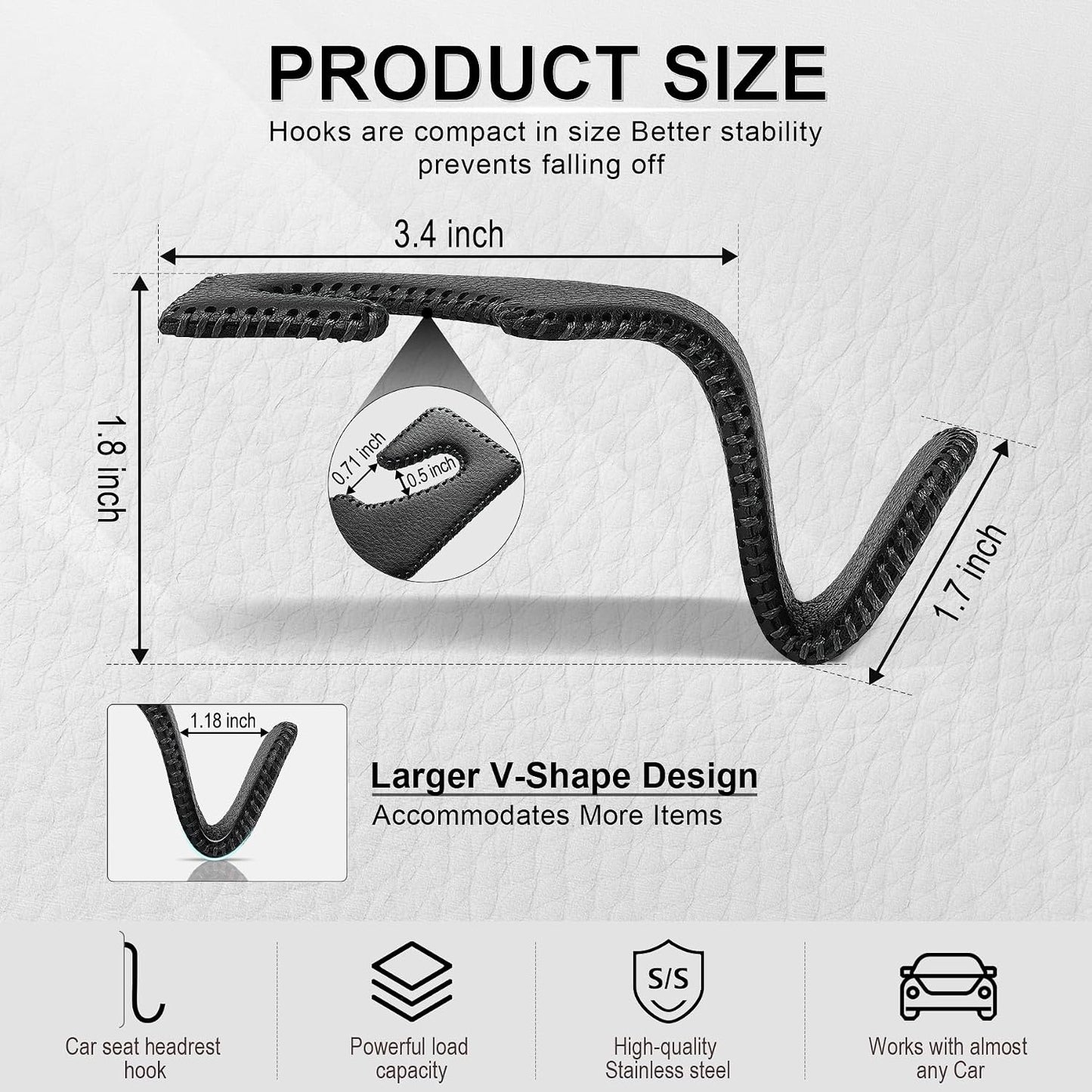 LivTee Headrest Hook for Car, Back Seat Organizer Black Leather Hanger Holder Hook, Interior Car Accessories for Hanging Purses Bags Coats, 4 Pack