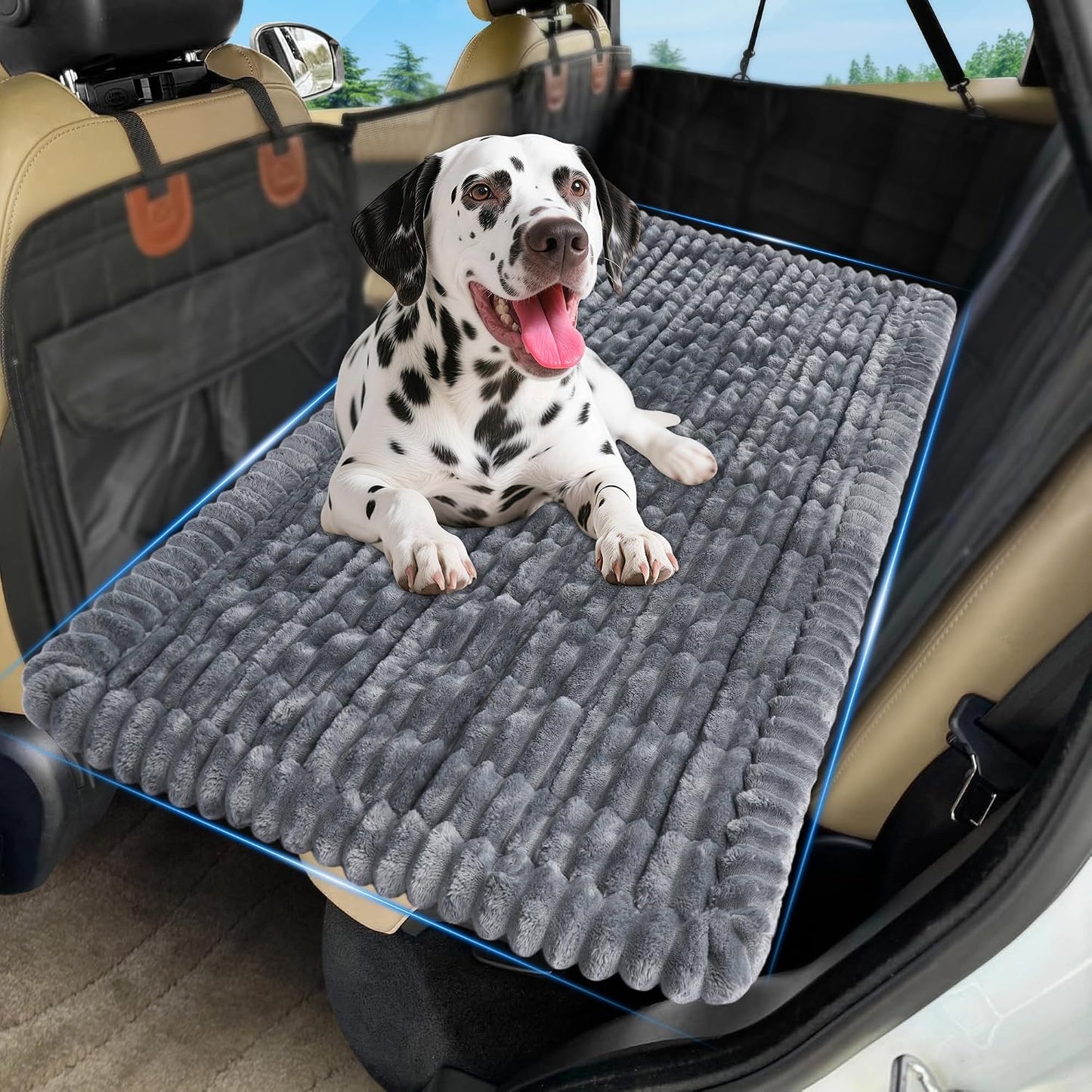 Loiion Dog Car Bed, Non-Slip Backseat Dog Bed Mat with Plush Flannel, Pet Travel Cushion for Car SUV Truck, Machine Washable Dog Seat Protector (50" L×24.6" W) Gray