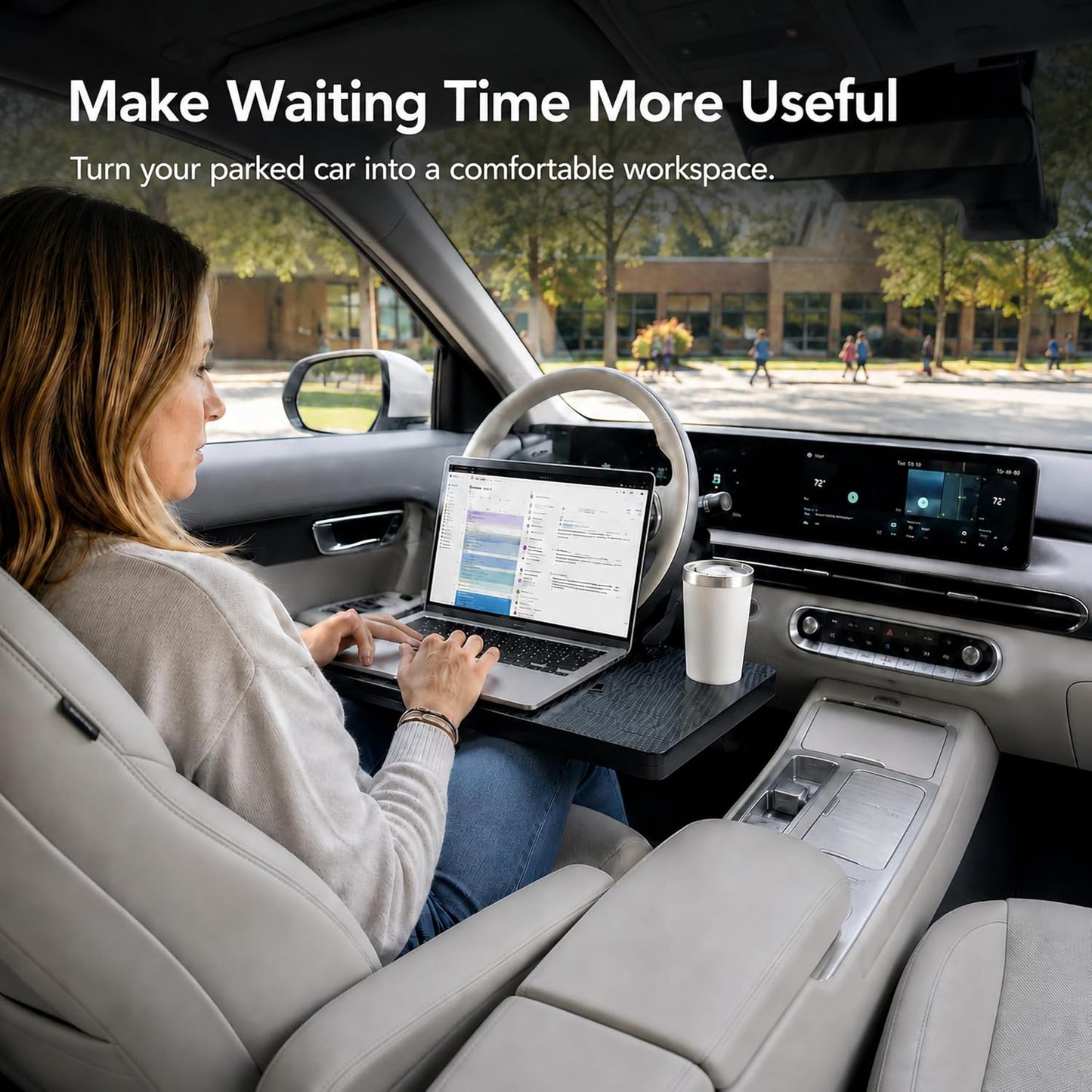 2-in-1 Steering Wheel Tray and Car Laptop Desk with Seat Gap Organizer | Carbon fiber look for working, eating or tablet use, fits standard round steering wheels,use only while safely parked