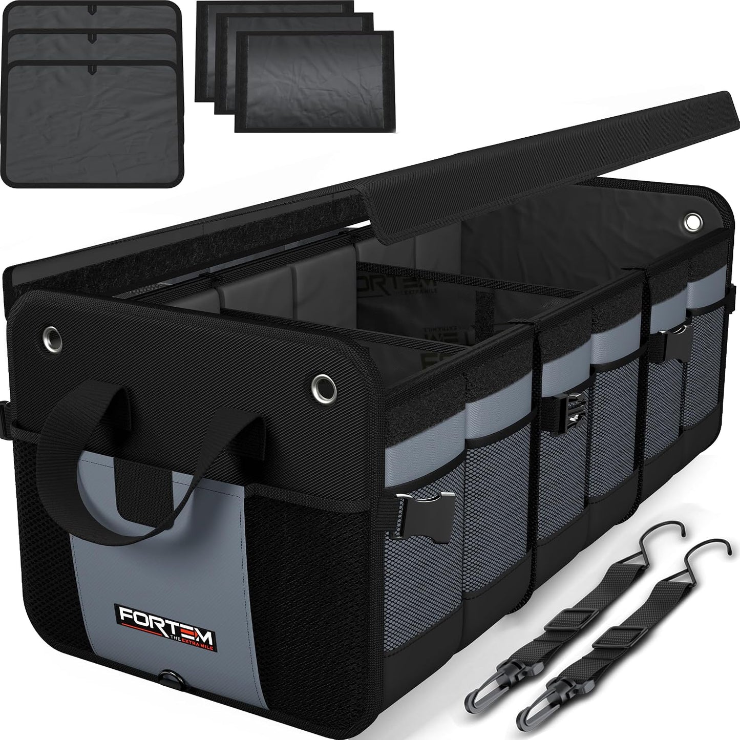 FORTEM Trunk Organizer For SUV Car Organizer and Storage, Multi-Compartment Storage Bag Car Accessories for Women Men, Perfect Christmas Gifts, 1680D Oxford, Non Slip Bottom, Straps, Soft Cover (90L)