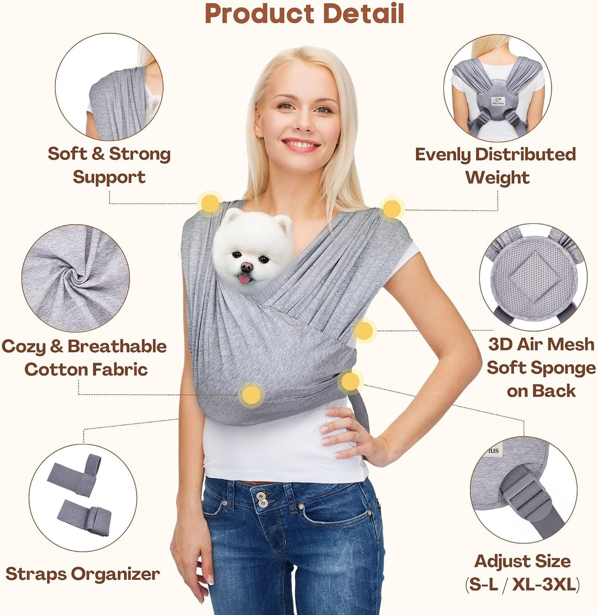 AnccoPlus Small Dog Sling Carrier, Hands-Free, Heather Gray, Regular