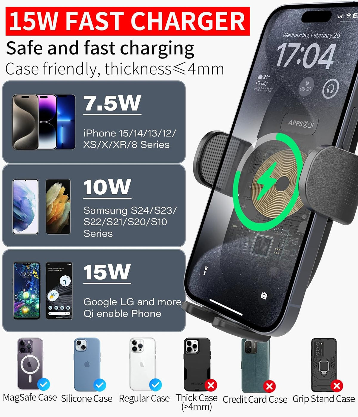 APPS2Car 15W Qi Wireless Car Charger Solid Cup Holder Mount, Adjustable Long Arm & 360° Rotation, Fits 3"–4" Round Cup Holders, Works with Cases ≤ 4 mm (No Metal Attachments)