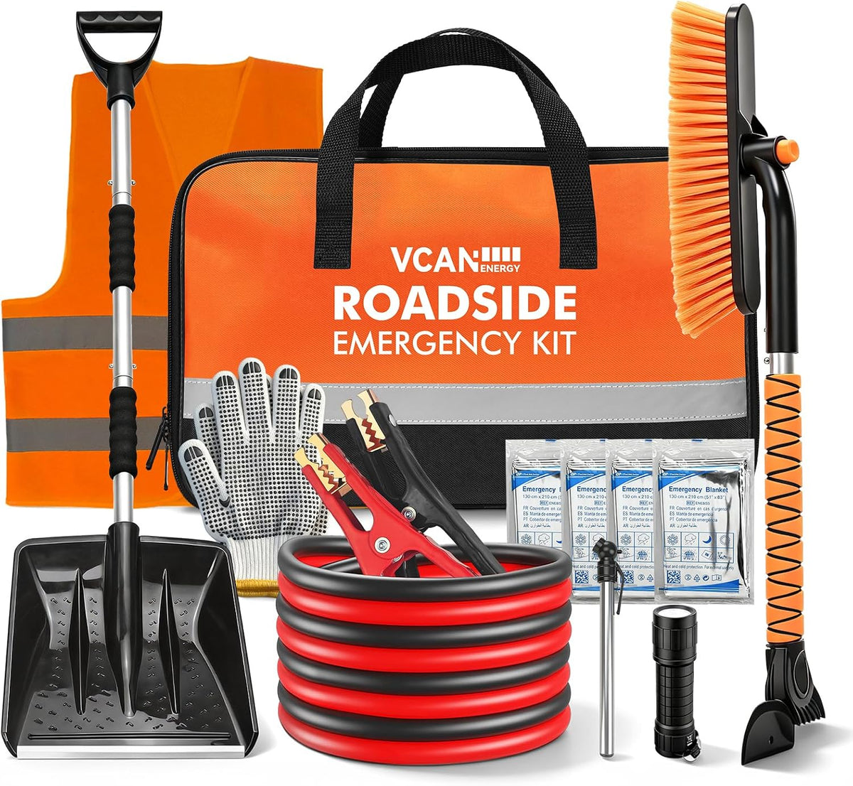 Winter Car Emergency Safety Kit Bag with Jumper Cables, Snow Shovel for Car