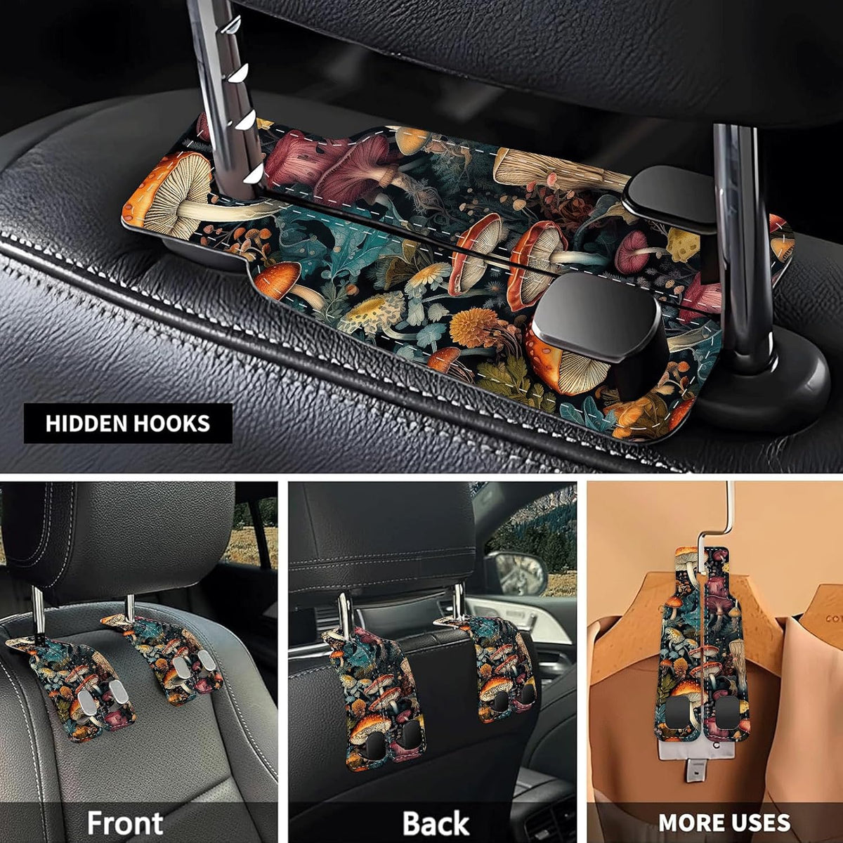 Car Seat Headrest Hook, Universal Leather Cute Hanger Holder Hook, Storage Organizer Interior Accessories for Purse Bags Handbag Boho Funny Mushrooms
