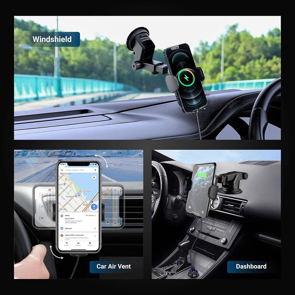 [Upgraded Version] ZicBee Wireless Car Charger,15W Fast Charging Auto-Clamping Car Mount, Dash, Air Vent Charging Car Phone Holder for iPhone 15 14 13 12 11, Samsung Galaxy S23 S22, etc. (Black)