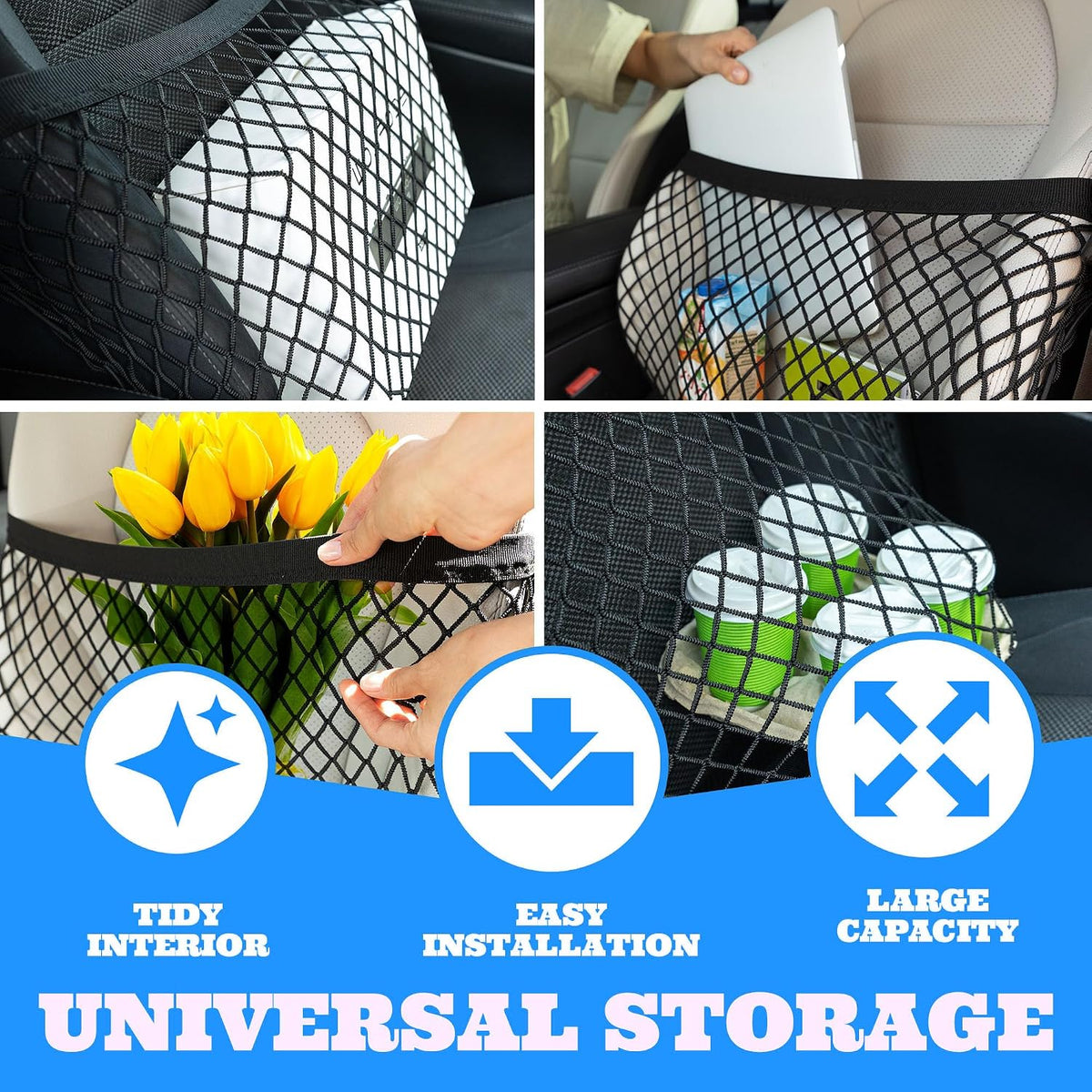 Car Seat Organizer Net and Front Seat Organizer - Elastic Net Holds Most Sizes and Shapes - Car Purse Holder