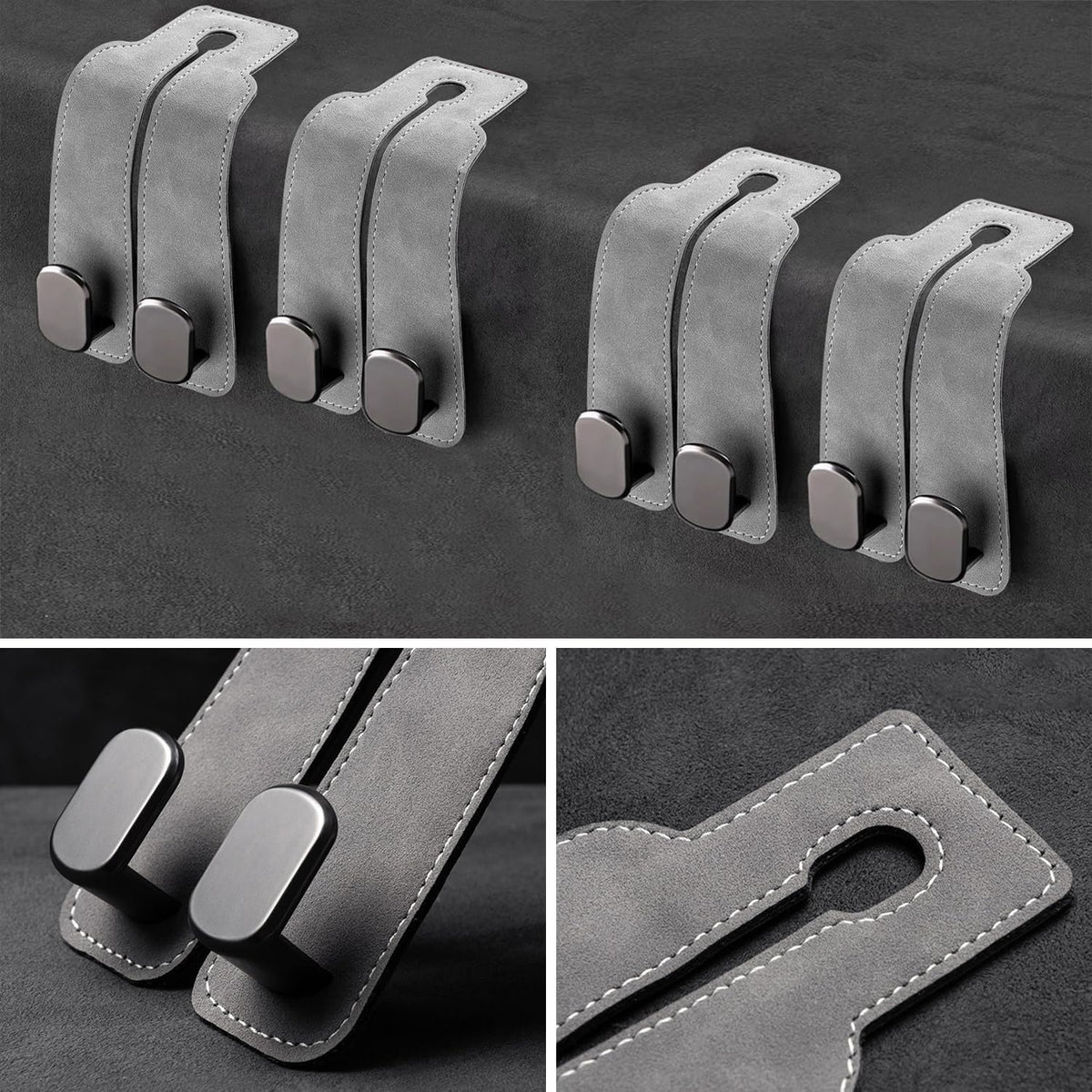 Headrest Hooks - Car Seat Back Double Hook Leather, Purses Hooks (4-Grey)
