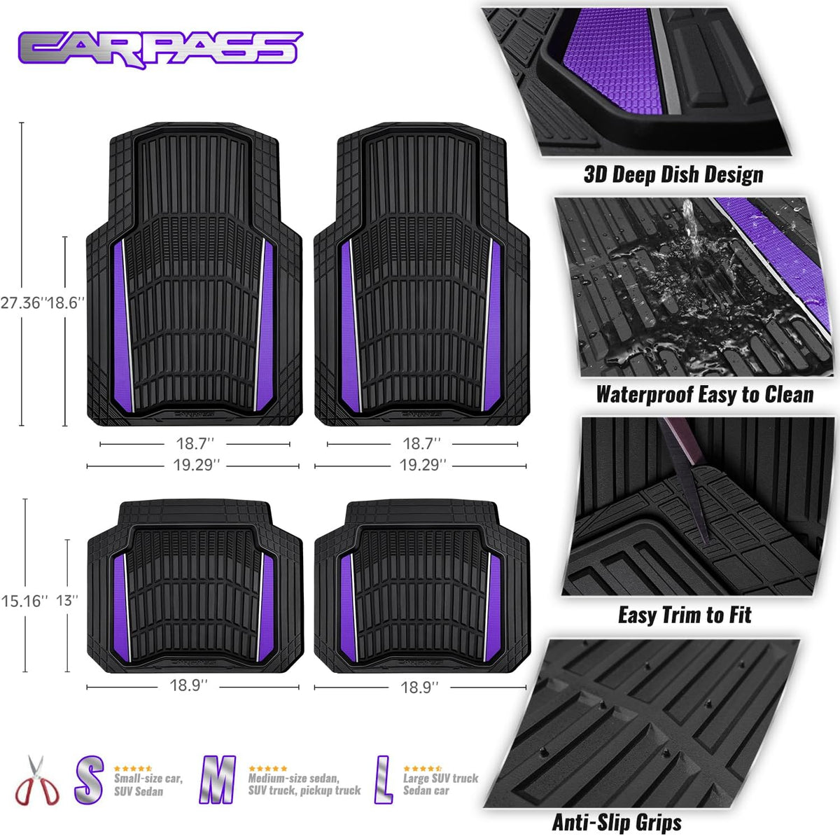 CAR PASS Heavy Rubber Car Floor Mats, Deep Waterproof Car Floor Mats All Weather, Aluminum Film Universal Trim to Fit for Cars SUV Trucks Sedans, Anti-Slip, Black Purple Metallic