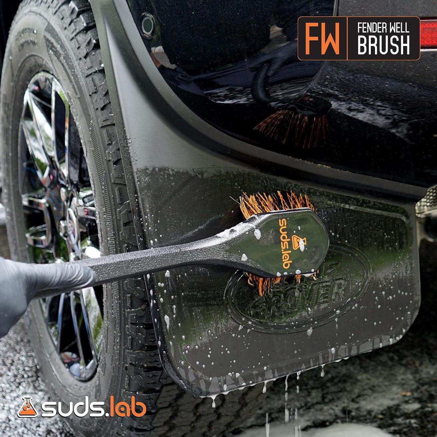 Suds Lab FW Fender Well Brush, Car Wash Brush, Long Handle Tire Cleaner for Car Detailing, 18 Inch, Soft Bristles, Non-Slip Grip, Black