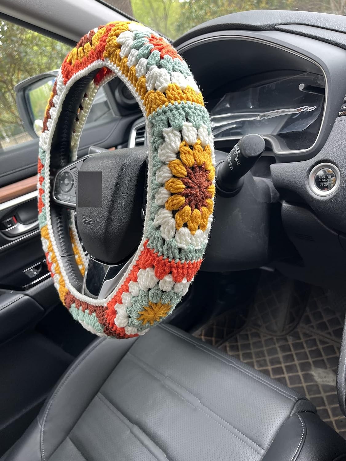 Steering Wheel Cover,Handmade Crochet Rainbow Sunflower Granny Square Steering Wheel Covers (Steering Wheel Cover+1strawberry)