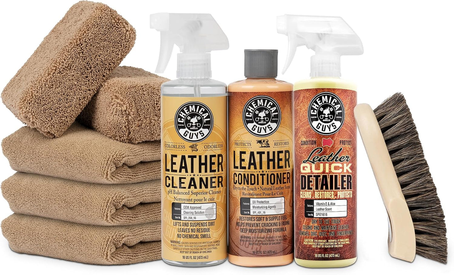 Chemical Guys, 9-Piece Leather Cleaner &amp; Conditioner Kit for Car Interiors | Cleans then conditions seats, furniture, jackets and boots, brushes and towels included for many leather types