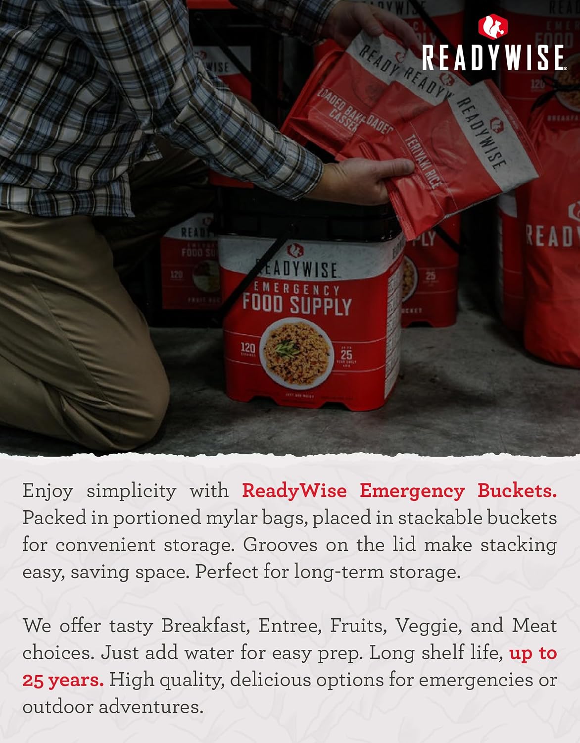 ReadyWise Emergency Food Supply - 104 Servings Variety Pack Bucket, Protein Meals, Dehydrated &amp; Freeze Dried Food for Backpacking, Camping Essentials &amp; Prepping Supplies, up to 25 Year Shelf Life