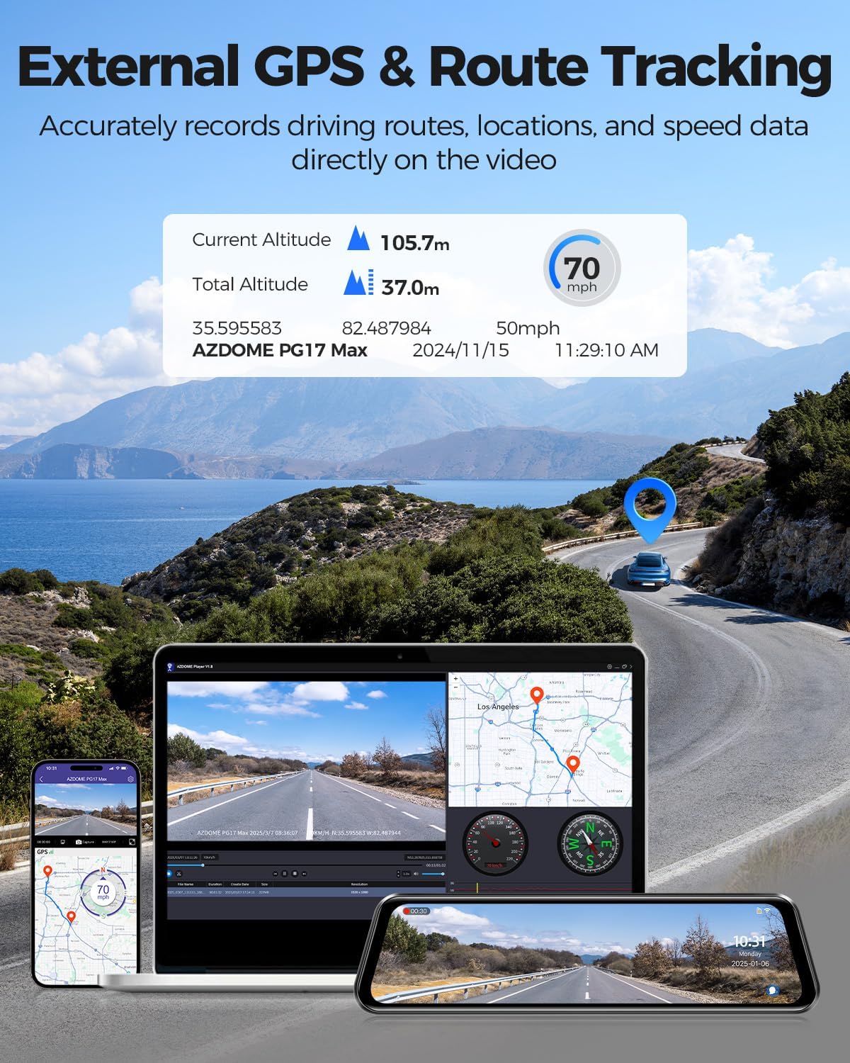 AZDOME 4K+2.5K Mirror Dash Cam with AR effects, ADAS, BSD & LCA Rear View Mirror Camera, 12" Rearview Mirror Camera, 5.8GHz WiFi, Voice Control, GPS, backup camera mirror Includes 64GB Card (PG17 Max)