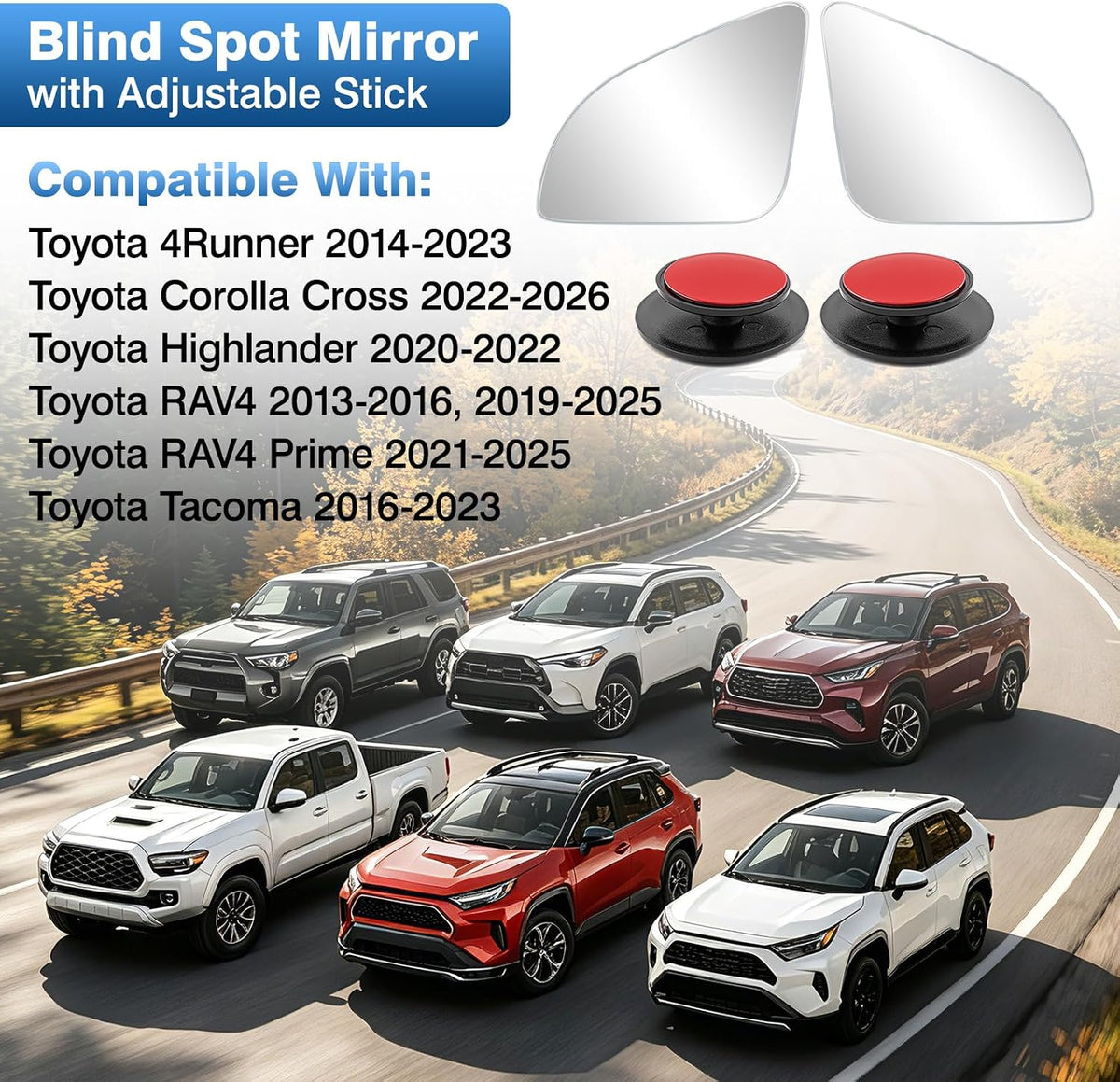 TOP-MAX Convex Stick On Blind Spot Mirrors for Toyota RAV4 2013-2025 Corolla Cross 4Runner Tacoma Highlander - Custom Fitted Side Mirror Upgrade for Wider View & Driving Security - (Left & Right)