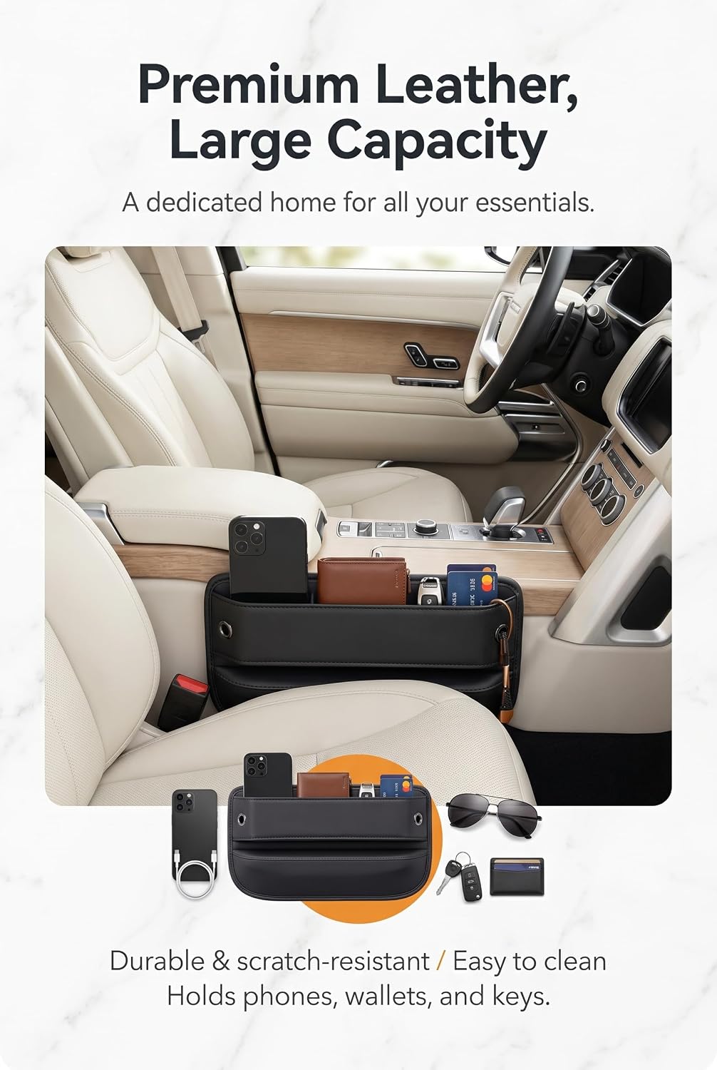 2 Pack Car Seat Gap Filler, Leather Car Organizer, Waterproof Front Seat Gap Filler for Car, Auto Console Side Storage Box, Car Accessories Interior for Men Women (Black)