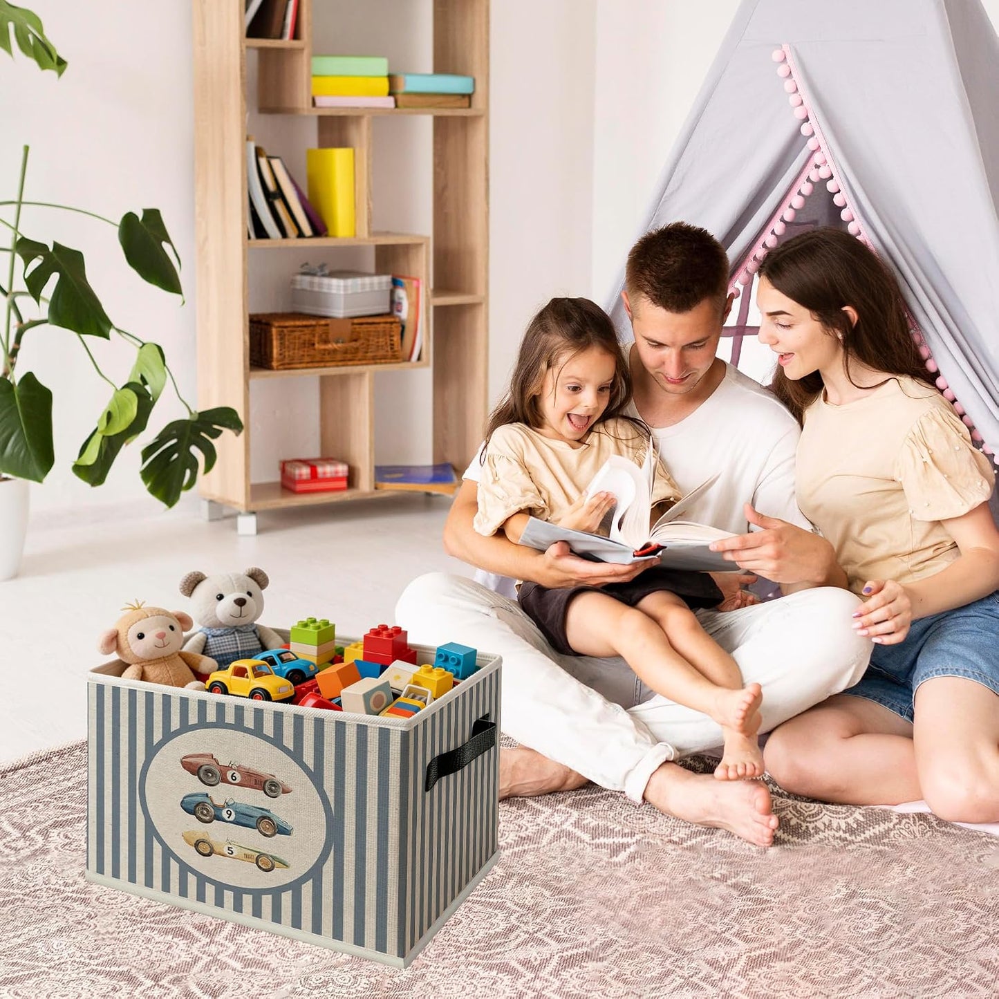 Vintage Race Car Boy Foldable Storage Bins Box with Handles, Kids Room Decor for Boys, Striped Car Vehicle Collapsible Organizer Basket for Kids Nursery Room Bedroom Playroom Toys Books