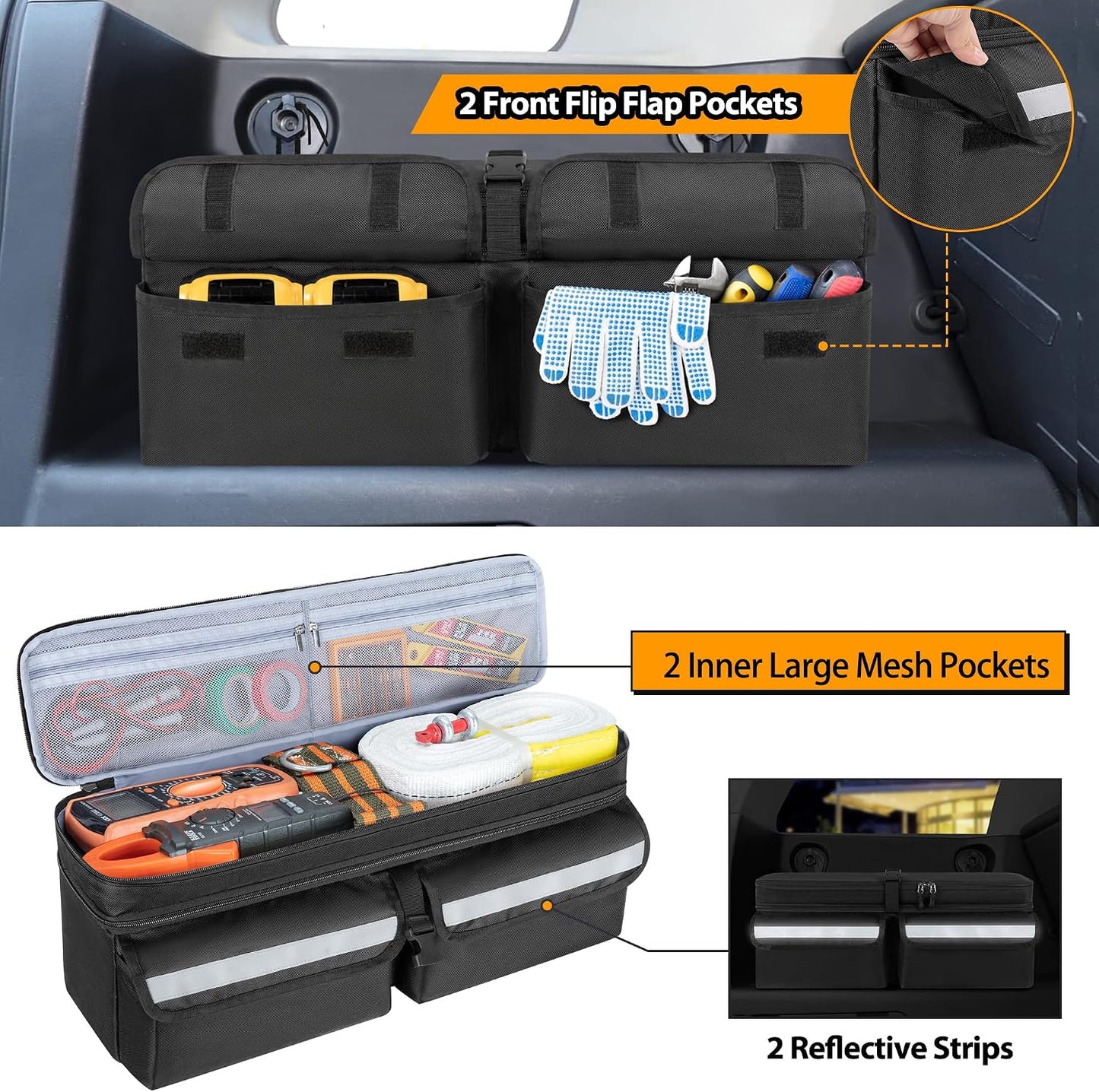 GRAOSO Car Trunk Organizer Compatible With Toyota FJ Cruiser 2007-2021, Multifunctional Car Storage Box with Lid, Double Layer Bag with 3 Wide Hook & Loop Tapes, Both Side with Straps to Fix, Black