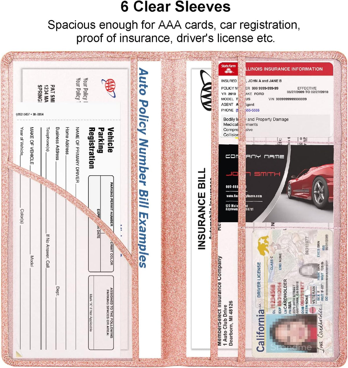 Leather Car Registration Insurance Holder Magnetic Shut, Glitter Rose Gold