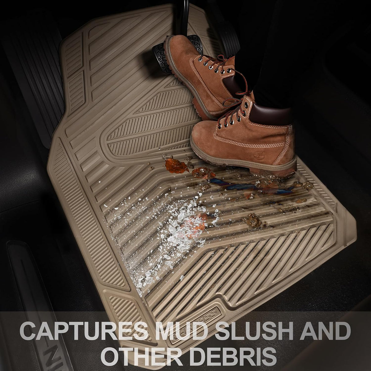 CAR PASS Rubber Car Mats, Waterproof Car Floor Mats All Weather Car Mat Full Set 3 Piece, Tan Automotive Floor Mat Trim to Fit for Cars Sedan SUVs Trucks, Anti-Slip Easy Clean, All Beige