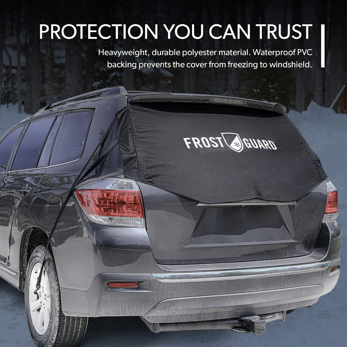 FrostGuard Rear Windshield Cover for Ice and Snow, For SUVs and Trucks - Rear Window Cover to Reduce Scraping, Elastic to Conform to Vehicle's Shape - Secure Hooks for Snug Fit - Black, 59 x 20 Inches