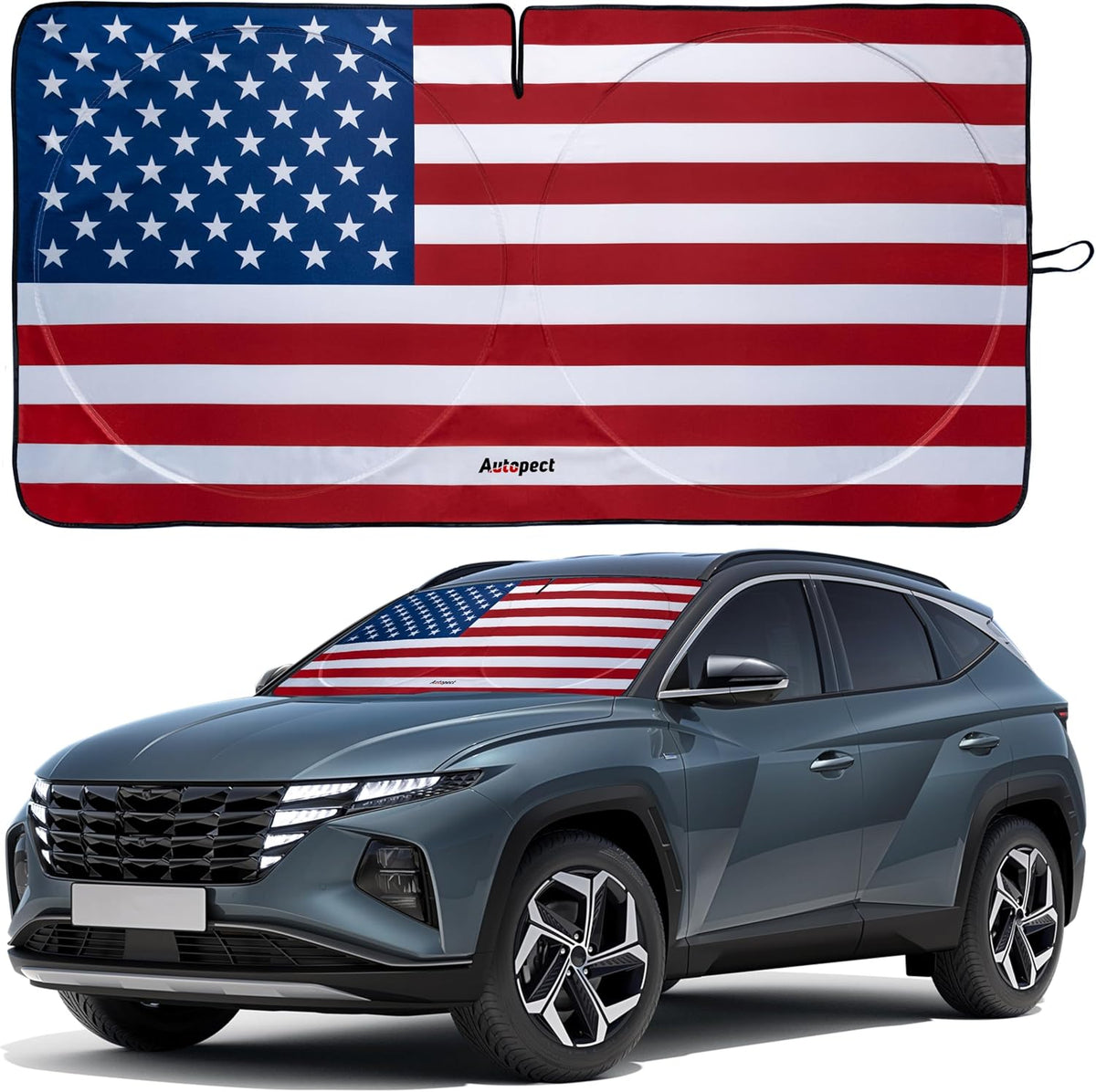 Autopect Windshield Sun Shade - American Flag Design, High-Resolution Sun Visor for Car, Truck, SUV with Mirror Cut-Out for Interior Sun Protection, Foldable Car Sun Shade (Original, Medium)