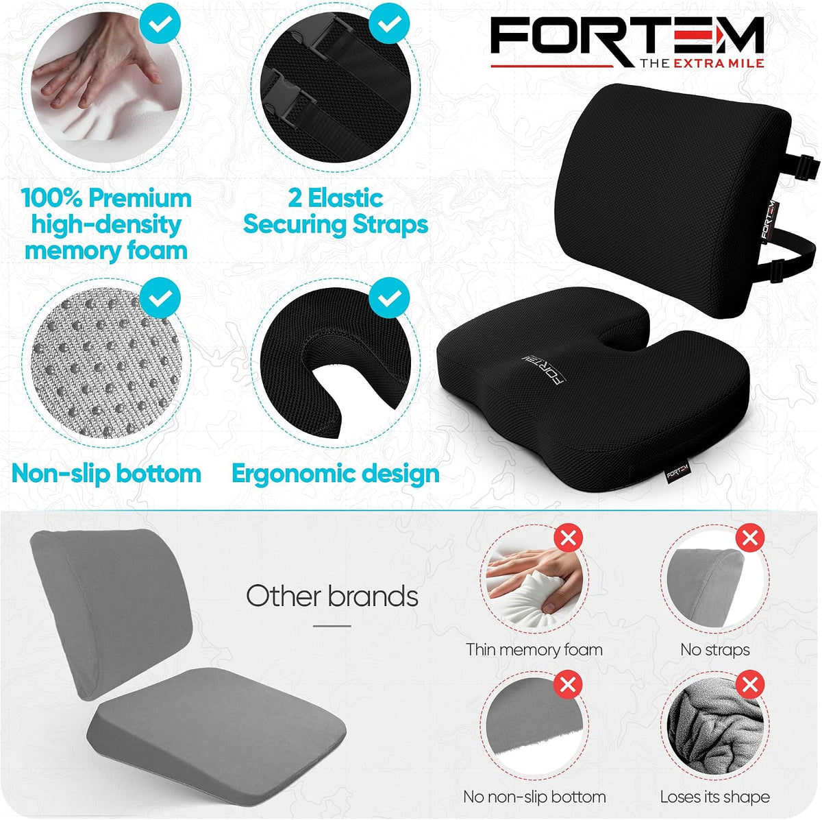 FORTEM Seat Cushion, Office Chair Cushion, Lumbar Support Pillow for Office Chair, Memory Foam Car Seat Cushions, Sciatica Coccyx Tailbone Pain Relief, Cushions for Back Support, Washable, Non Slip XL