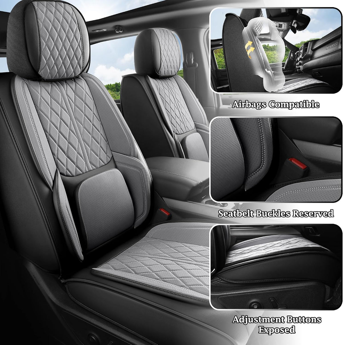 Car Seat Cover Custom Fit for Dodge Ram 1500 2500 3500 2002-2026 Faux Leather Seat Cover Set Compatible with Crew Quad Regular Cab Pickup Truck Cushions (Black & Grey, Front Seat)