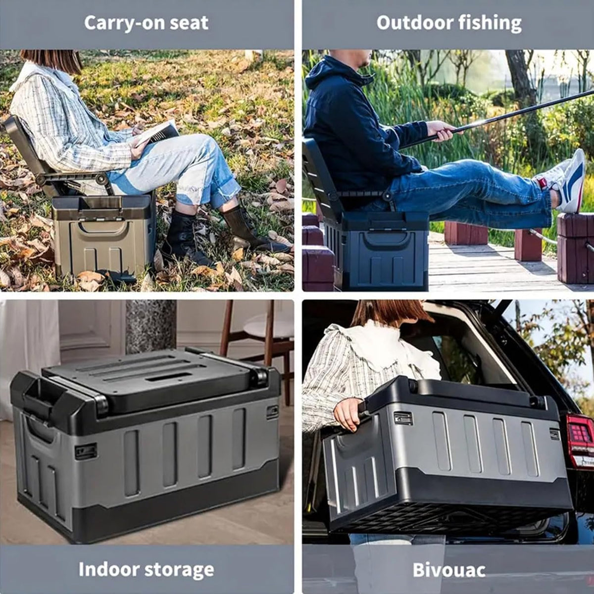 Versatile Foldable Seatable Car Organizer Box Heavy Duty Storage Bins With Lids Trunk,Durable Plastic,60L Can Store Clothes, Camping Equipment in Large Capacity (yellow)