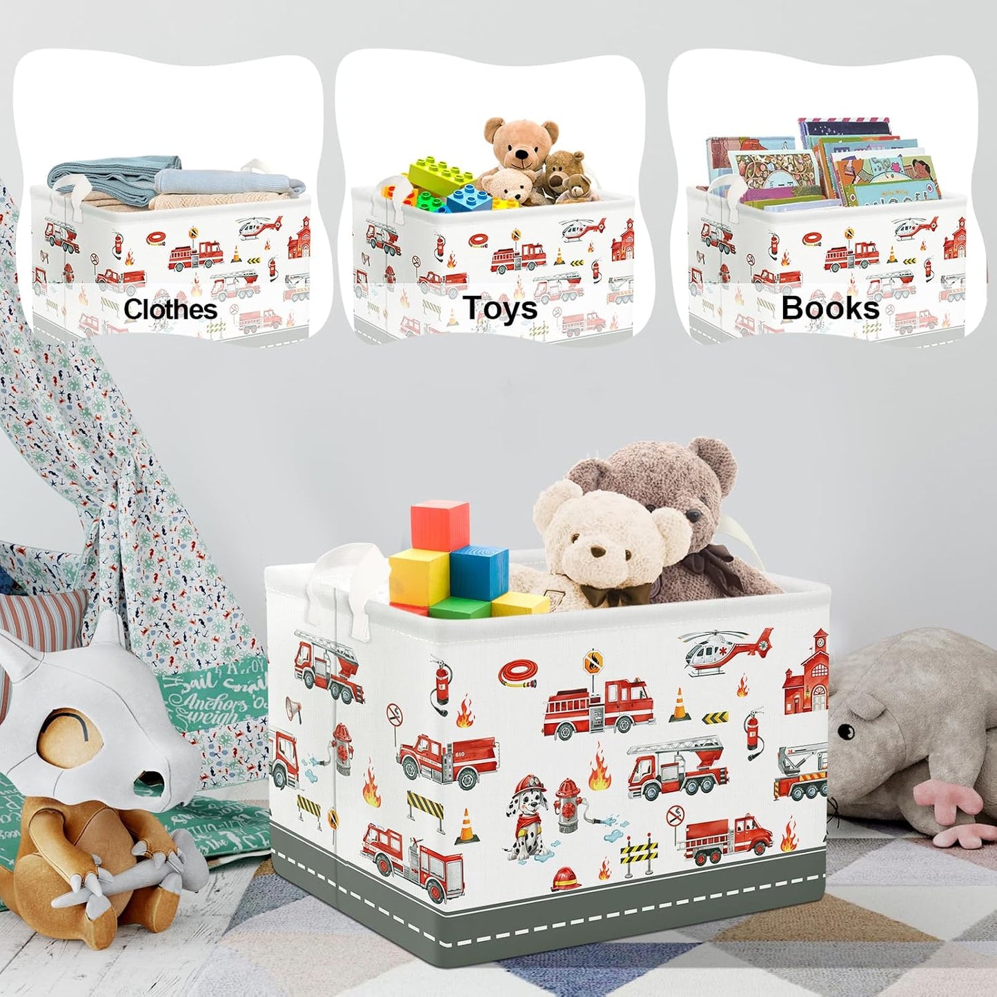 Clastyle Rectangle Large Red Fire Car Boy Gift Basket Collapsible Spotted Dog Engine Book Shelf Basket Toy Clothes Cube Storage Basket for Kids Room Nursery