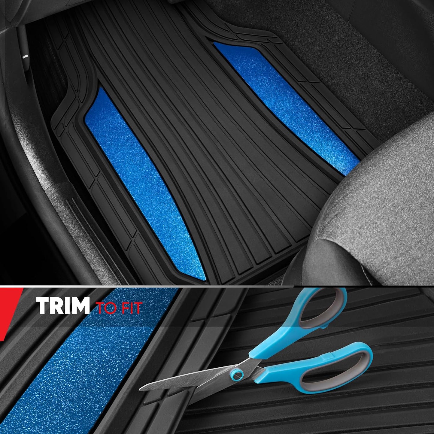 Motor Trend ChromeTech Car Floor Mats Full Set - Durable Rubber Floor Mats for Cars with Two Tone Accent, All Weather Interior Protection for Front and Rear with Non-Slip Backing, Black/Blue