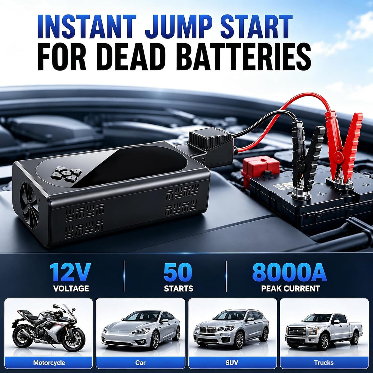 8000A Car Battery Jump Starter with Air Compressor, 150 PSI Tire Inflator