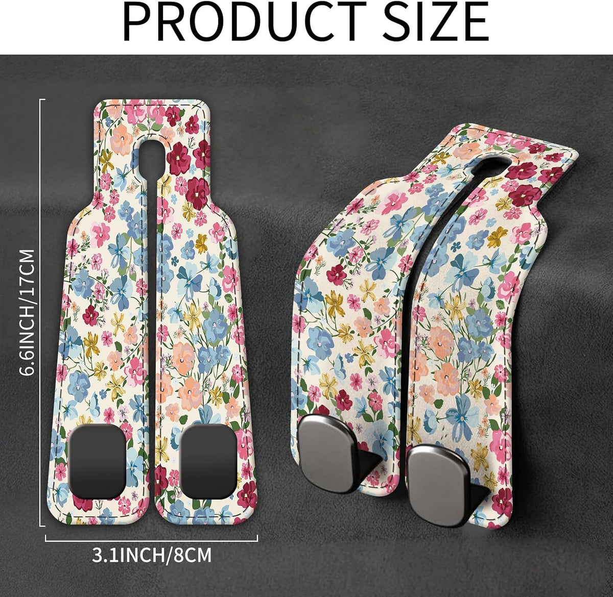 Car Seat Back Storage Headrest Hook, Premium Leather Double Metal Hook, Hanger Storage Organizer for Purse Cloth Bag, Car Interior Accessories Colorful Boho Flowers