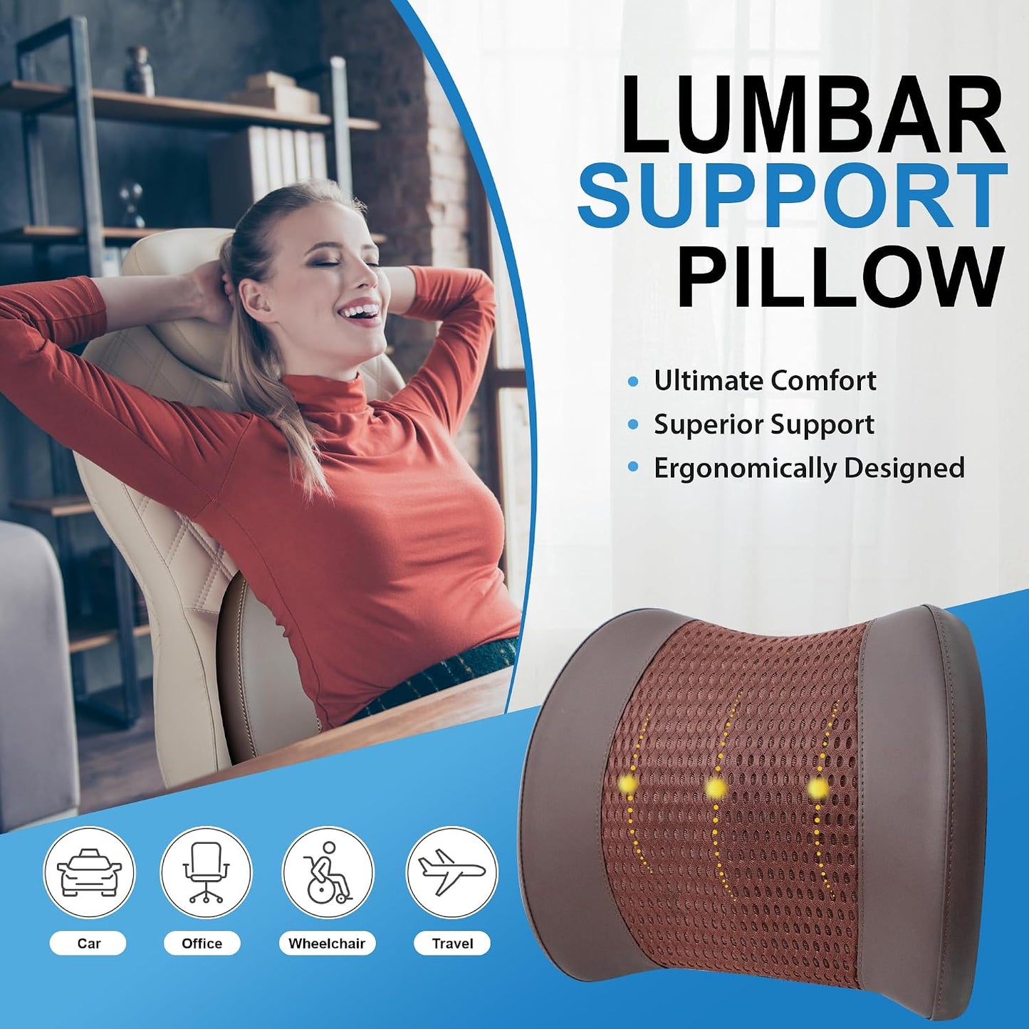 Lofty Aim Lumbar Support Pillow for Car, Car Seat Back Support for Driving | Memory Foam Car Lumbar Support for Driving, Car Back Cushion, Adjustable Straps, Lower Back Pillow, Breathable 4D Mesh, Brown
