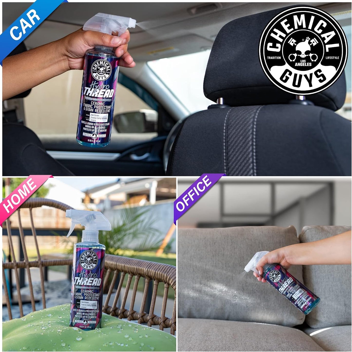 Chemical Guys SPI22616 HydroThread Ceramic Fabric Protectant & Stain Repellent + SPI_191_16 Lightning Fast Carpet & Upholstery Stain Extractor + MIC_506_03 Premium Microfiber Towels (16"x16")
