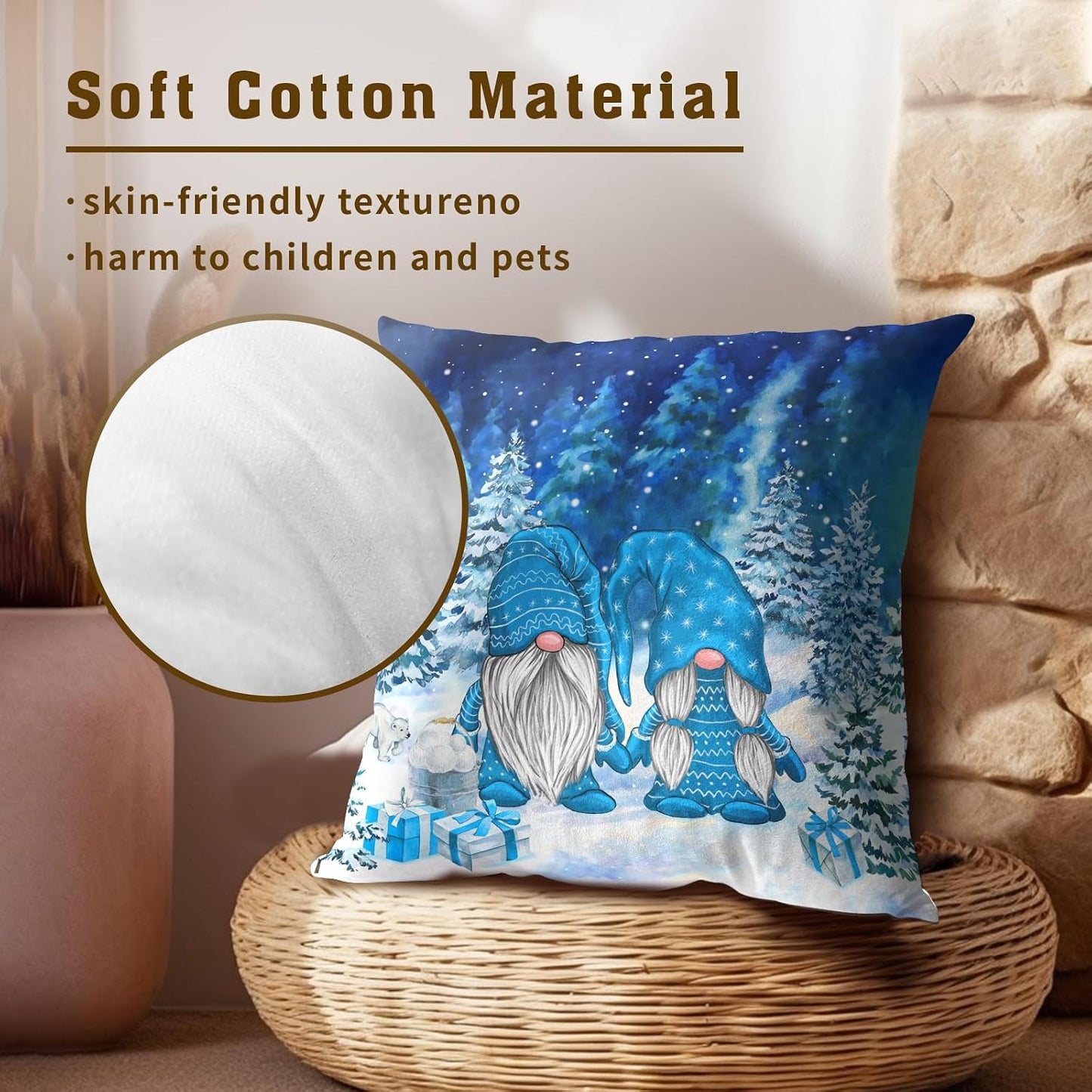 Giwawa Winter Blue Gnome Throw Pillow Covers 18x18 Inch Pine Tree Pillowcases Set of 2 Square Seasonal Cushion Cases for Bed Couch Car Home Decor