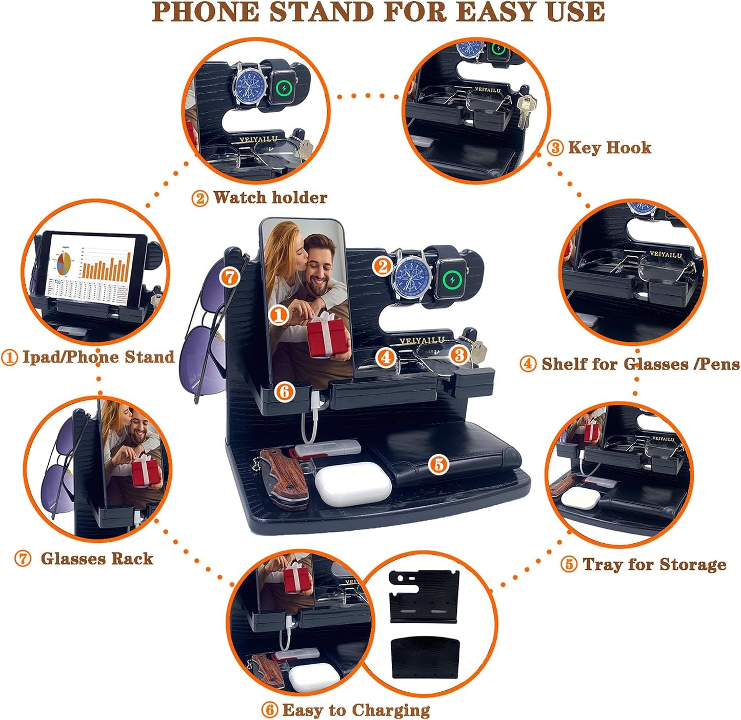 VEIYAILU Gifts for Men Dad Women Husband Boyfriend Him Nightstand Organizer for Men Wood Phone Docking Station Birthday Gifts (Black)