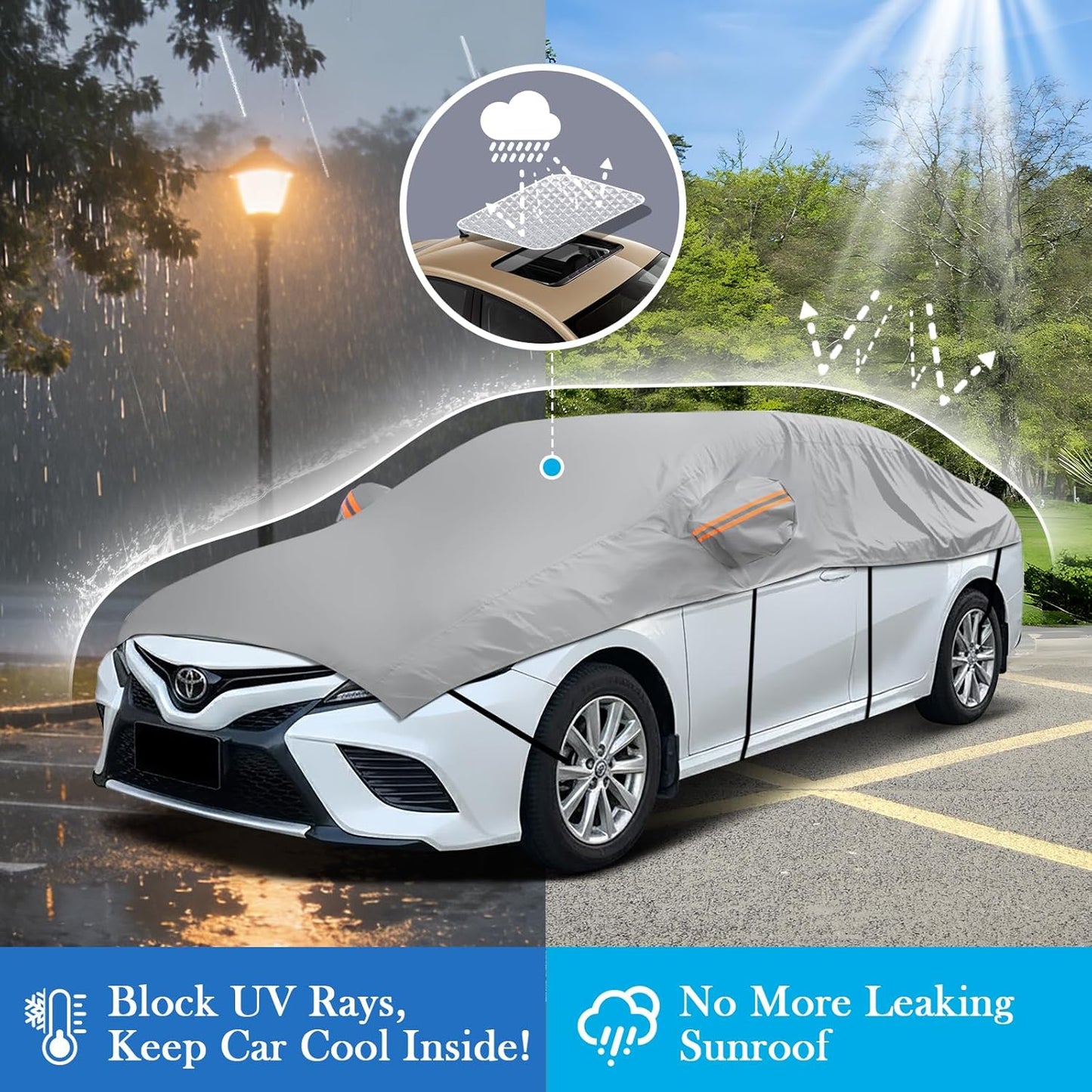 Half Car Cover for Sedan M, Winter Windshield & Roof Snow Cover with Cotton Liner, Waterproof Half Top Cover Protects from Snow, Ice, Frost, Sun and Dust, Fits Most Medium Size Sedans