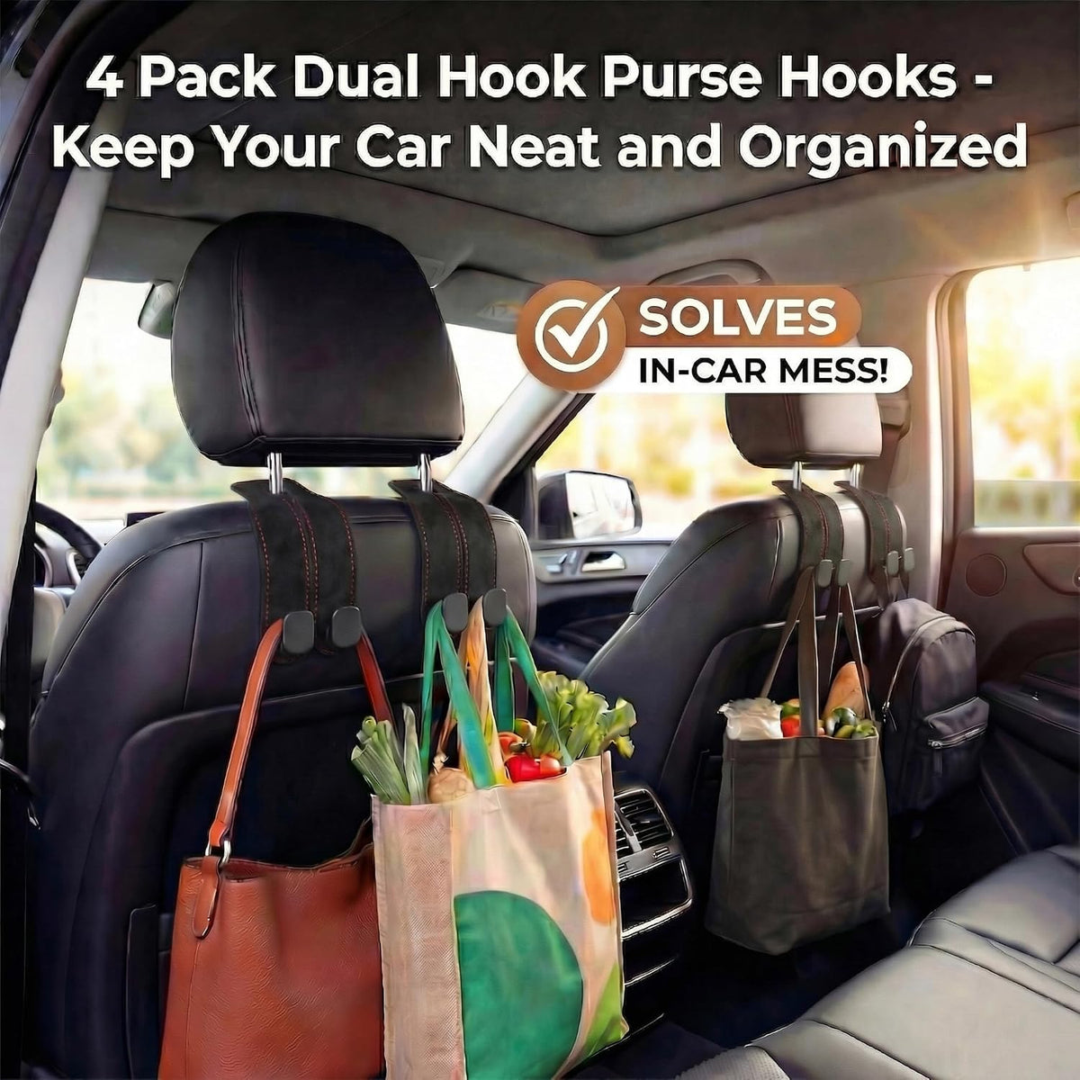 4Pack Headrest Hooks for Car Dual Hook Leather Metal Hanger,Black